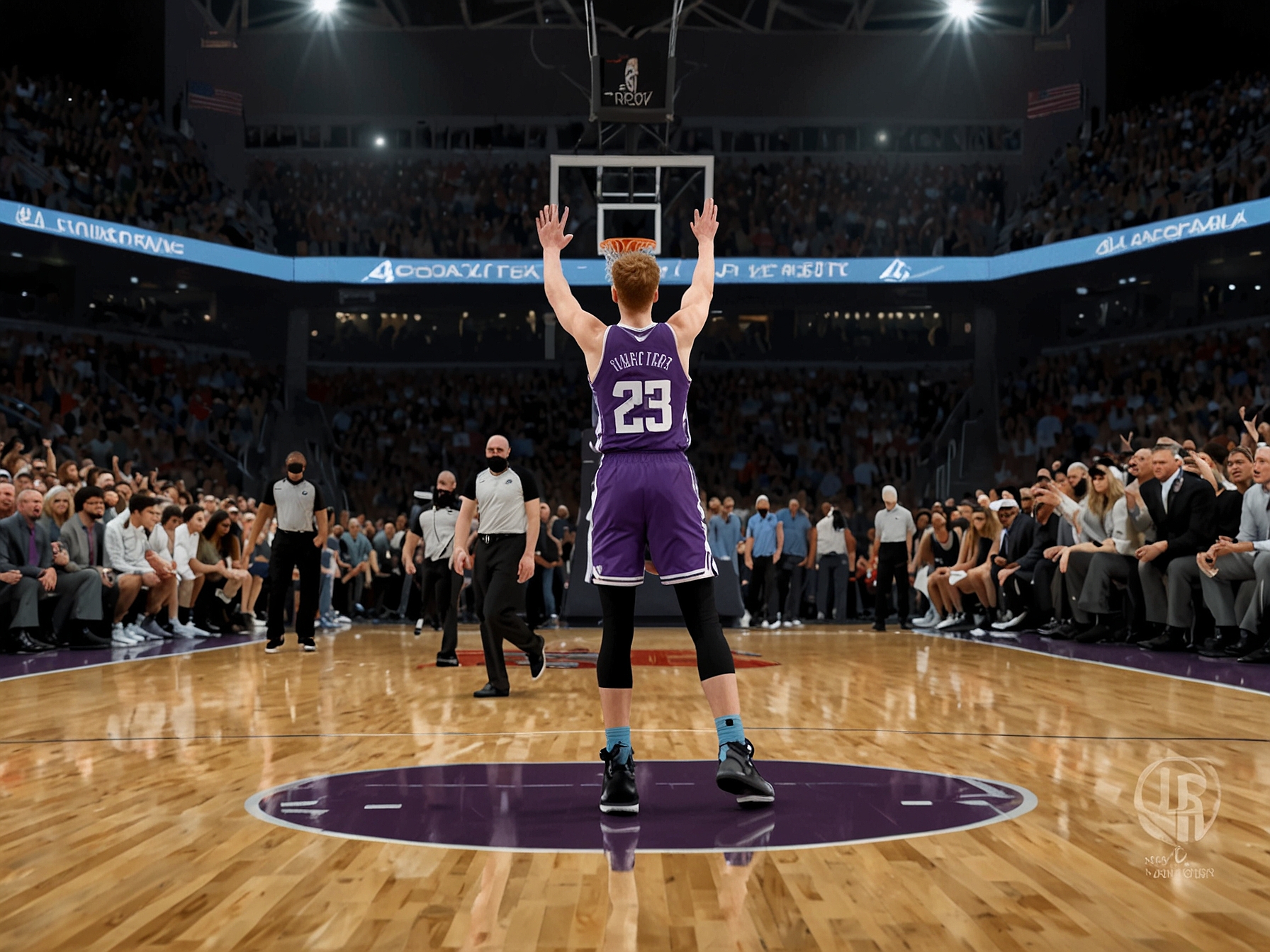A dynamic basketball game scene showing the Sacramento Kings' Kevin Huerter making a three-point shot, with the crowd cheering in the background. The energy is palpable as fans witness the Kings dominate the match against the Utah Jazz.