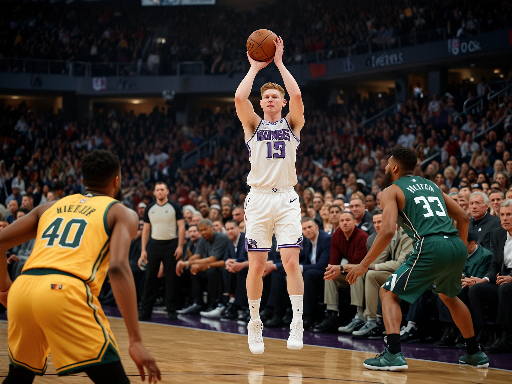 The Sacramento Kings' bench erupts in celebration after a successful three-pointer, highlighting their teamwork and synergy during the blowout victory over the Utah Jazz, with the scoreboard showing a lopsided score.