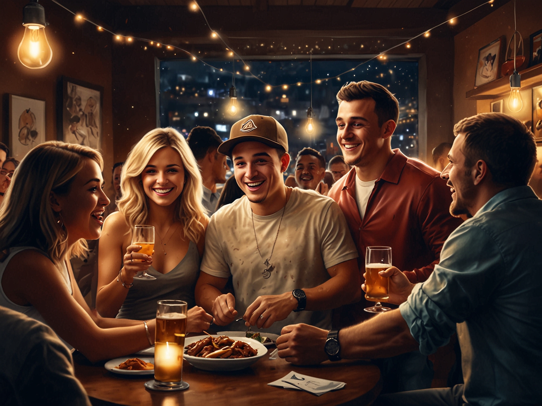 A lively gathering scene featuring Johnny Manziel and Josie Canseco, surrounded by friends, laughing and enjoying the party atmosphere with drinks and bright lights.