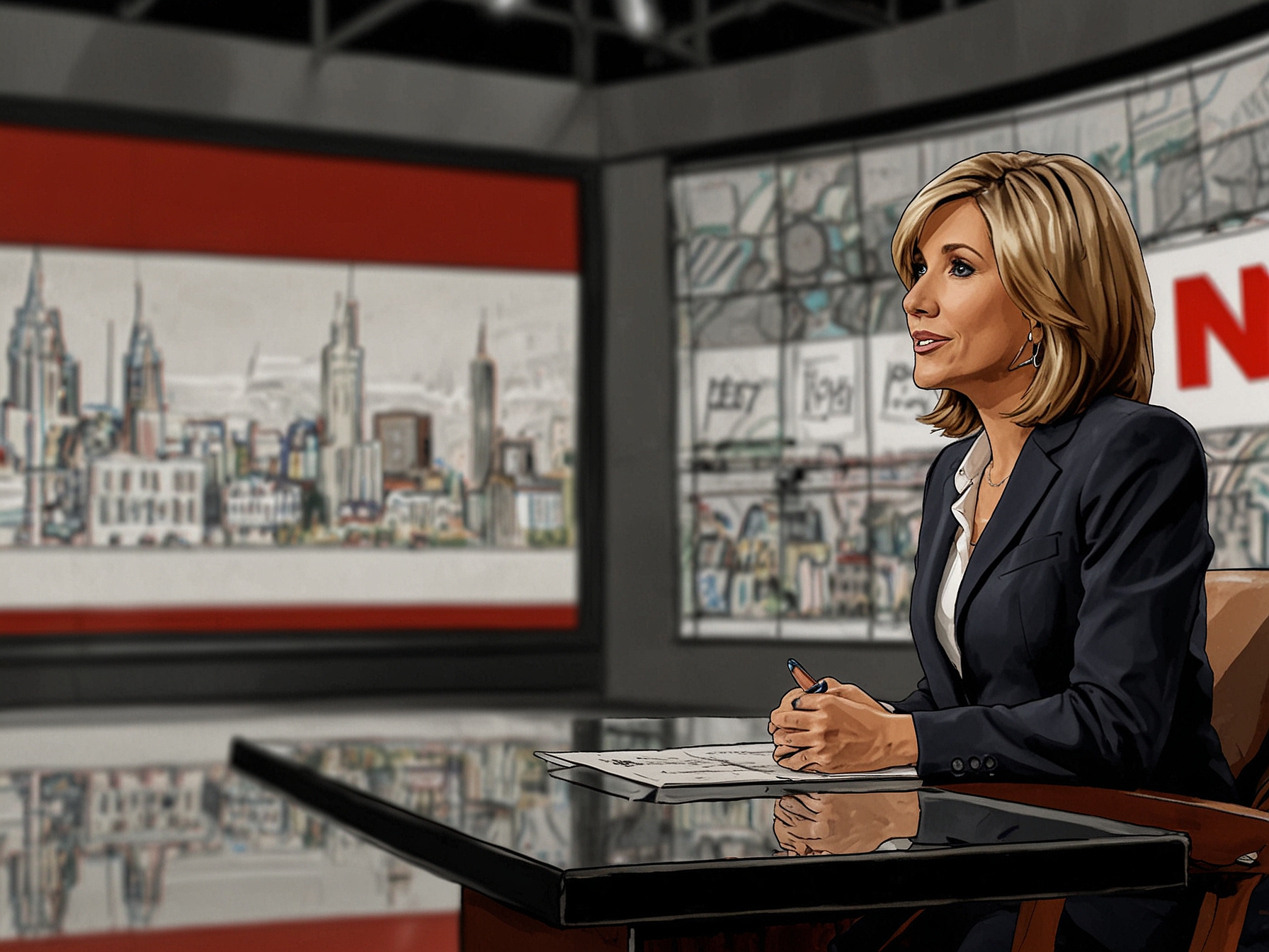 A thoughtful Alisyn Camerota during her final broadcast on CNN, conveying emotion and gratitude to her audience. Behind her is a studio setting reflecting the professional environment of news reporting.