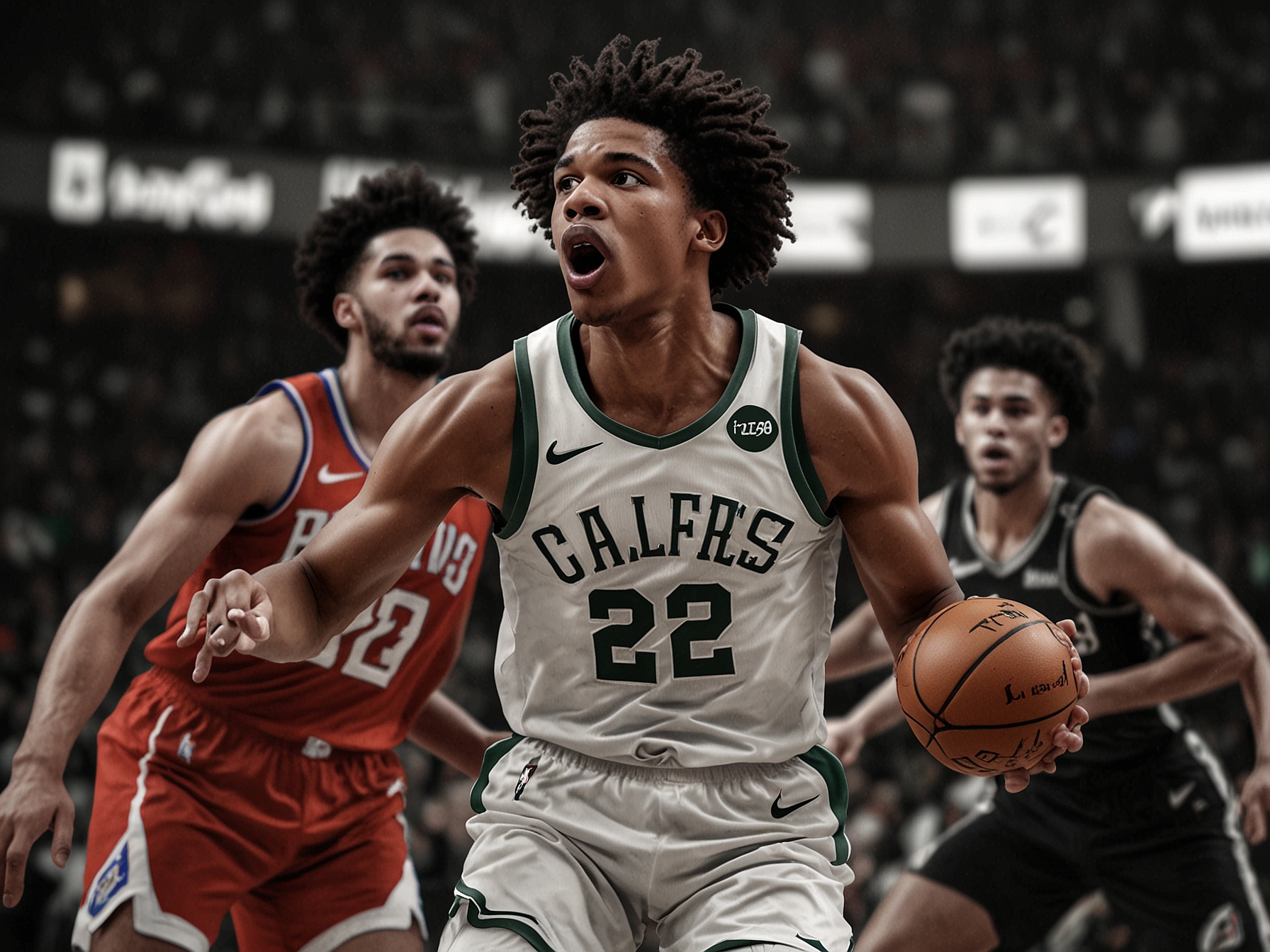 Jalen Green driving towards the basket, focused and determined, with defenders attempting to block his path during a heated game against the Los Angeles Clippers.