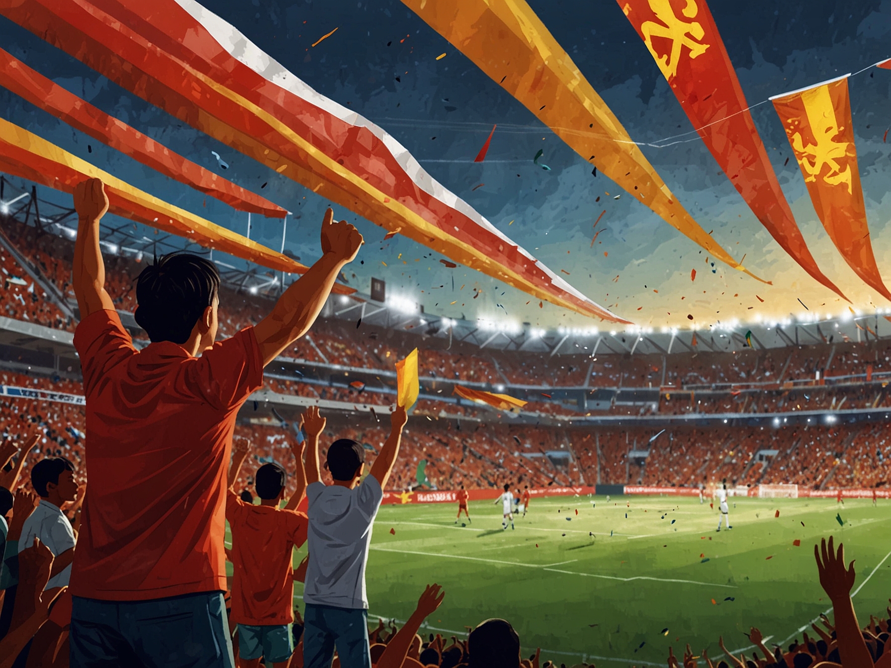 A vibrant scene of Thuwunna Stadium filled with enthusiastic fans waving flags, capturing the electric atmosphere before the Myanmar vs. Indonesia football match.
