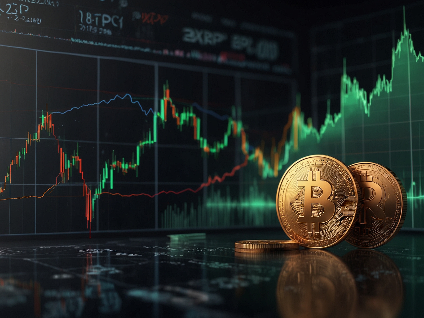 A dynamic graphic showcasing the logos of XRP, USDT, and Solana with fluctuating price charts in the background, symbolizing the recent surge and competition in the cryptocurrency market.