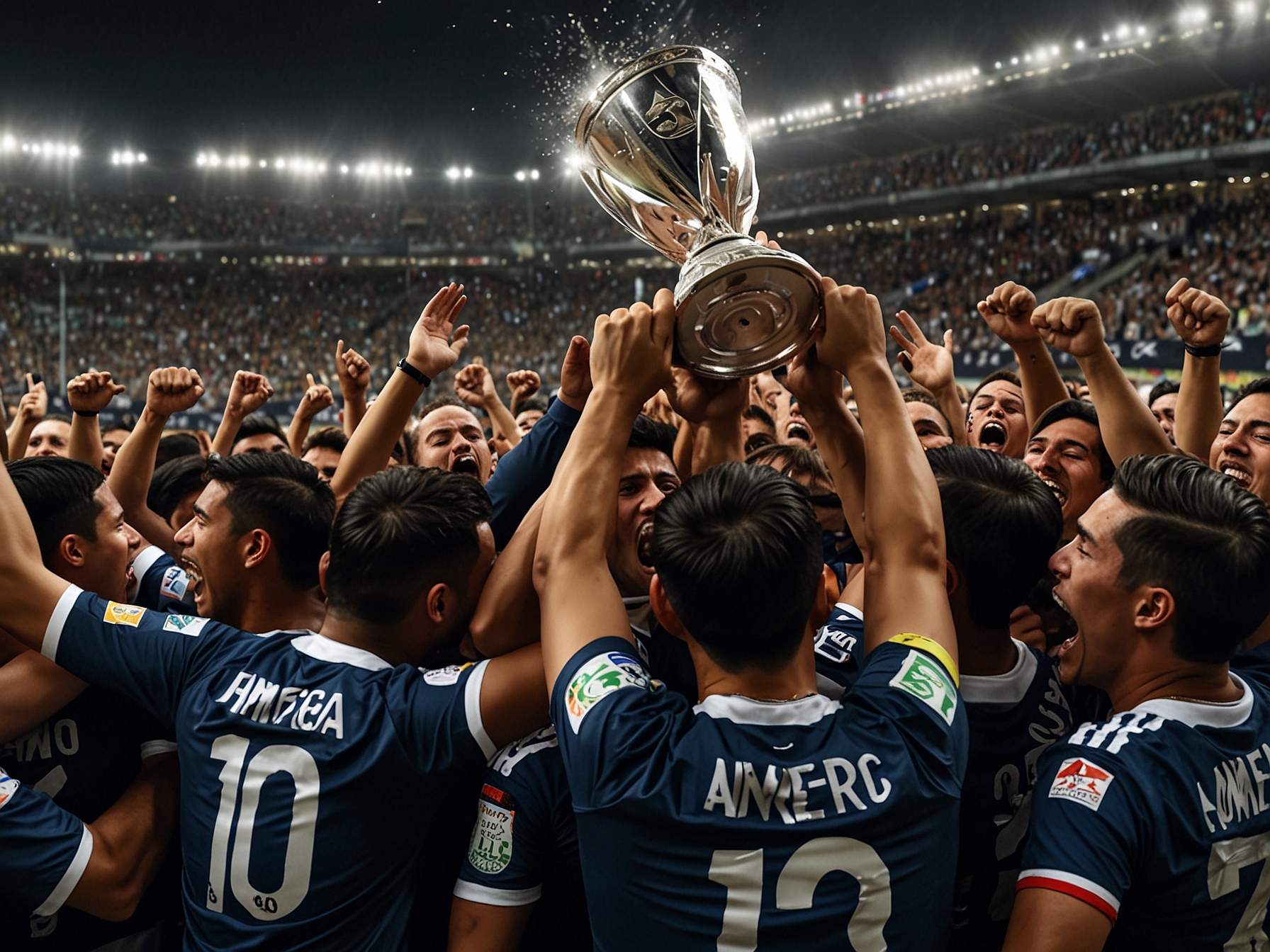A tense moment from the Liga MX final featuring América and Monterrey, showcasing players in action with fans passionately cheering in the background.