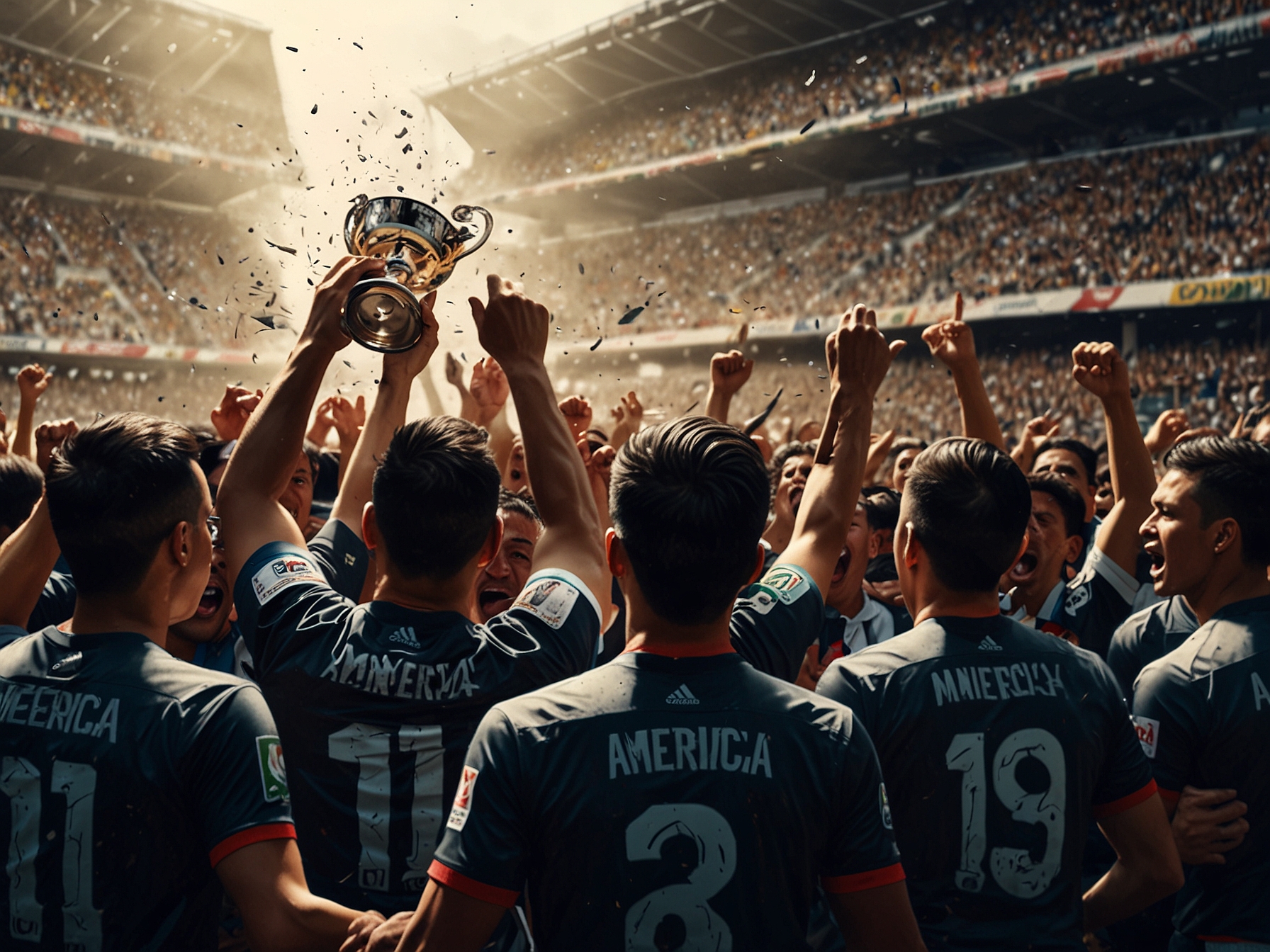 A dramatic close-up of América players celebrating their victory in the semifinals, showcasing their determination and potential for historic achievement.