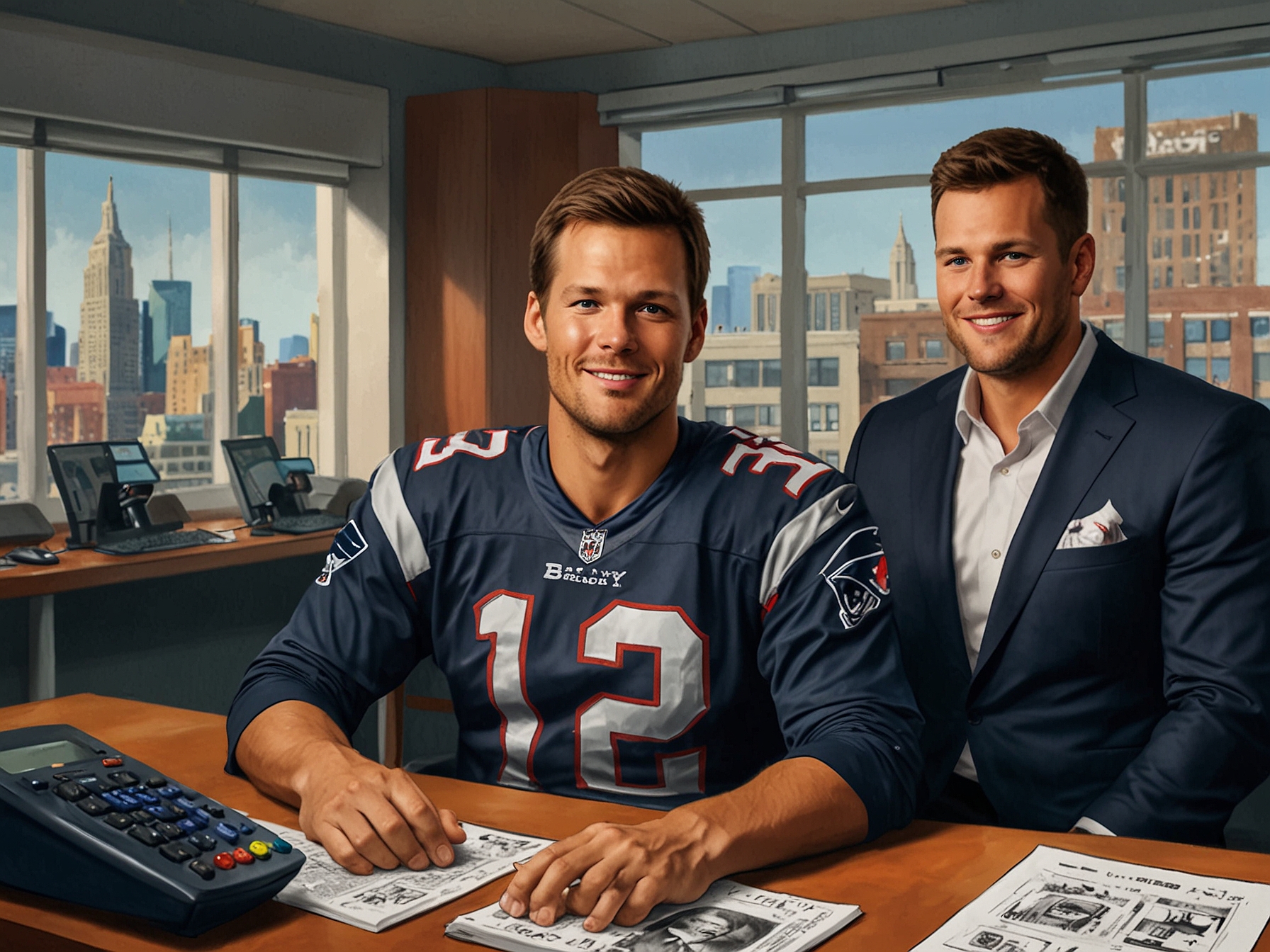 Tom Brady sits at the FOX NFL Kickoff desk, surrounded by former teammates Rob Gronkowski and Julian Edelman, sharing insights and laughter in a vibrant studio setting.