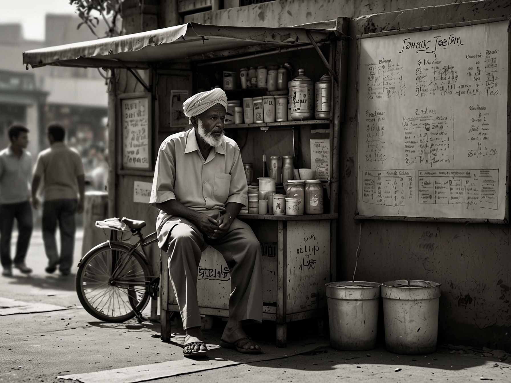 A street vendor, Sunhaji, stands in front of his iced tea stall, looking contemplative and emotional as he addresses a crowd about forgiveness and the impact of humor on people's lives.