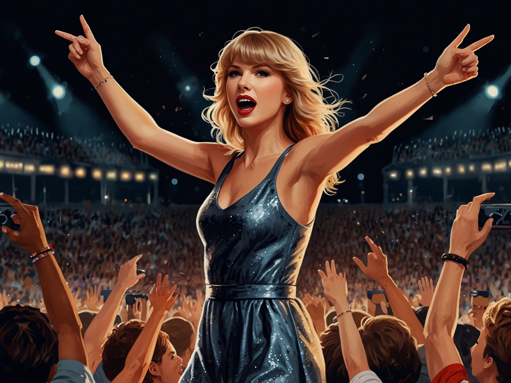 A vibrant concert scene showing Taylor Swift performing on stage to a cheering crowd of fans at BP Place Stadium during her Eras Tour finale, with bright lights and a profound atmosphere.