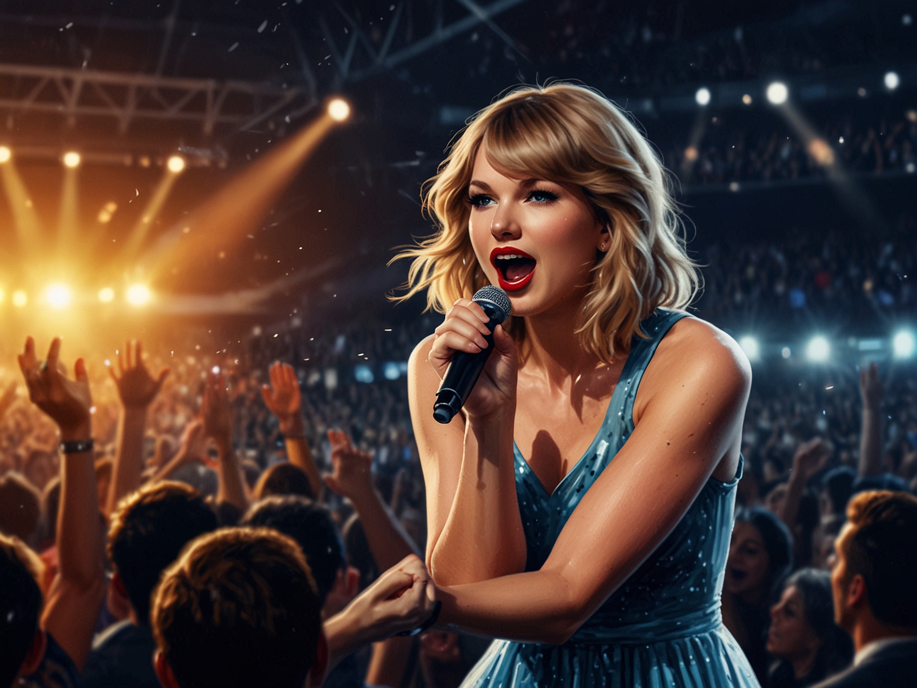 Close-up of Taylor Swift with tears in her eyes as she thanks her fans, surrounded by colorful stage lights, capturing the emotion of her farewell at the Eras Tour.