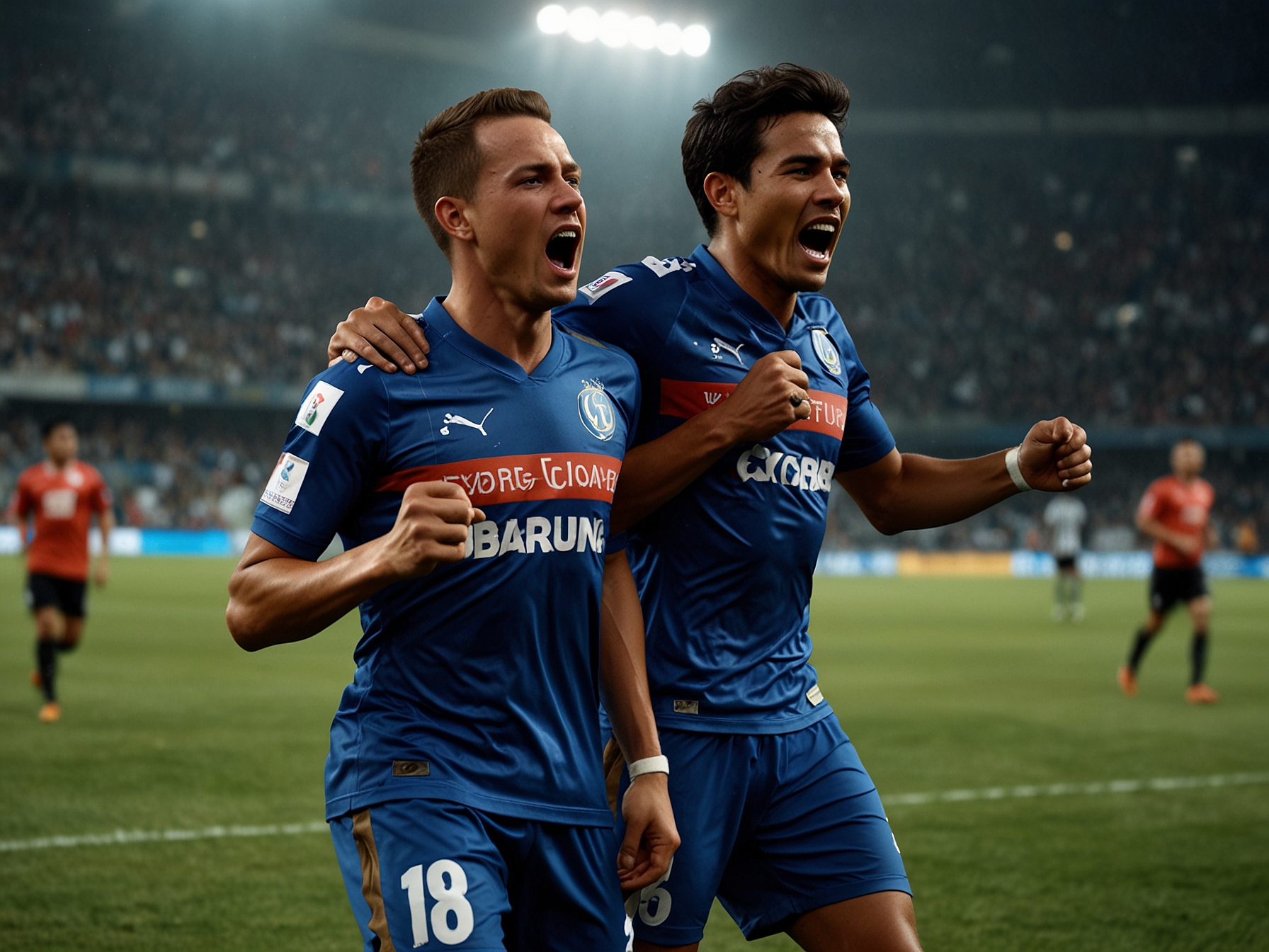 A tense moment on the pitch showing Nick Kuipers and Gustavo Franca in action, demonstrating their determination and teamwork during a match for Persib Bandung.