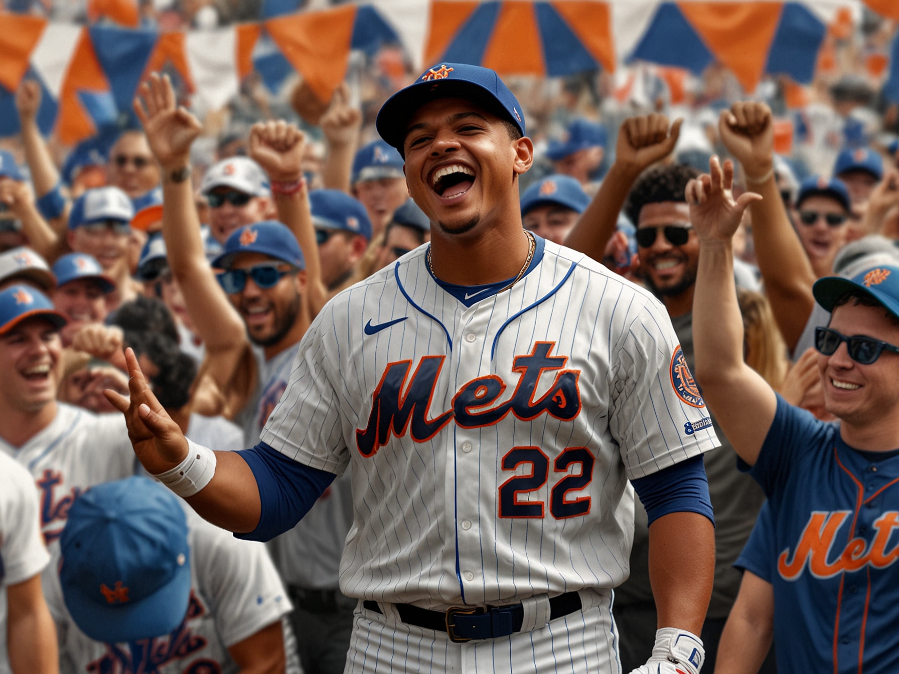 An illustration of Juan Soto celebrating in a Mets jersey, surrounded by fans holding banners, with dollar signs in the background symbolizing his massive contract.