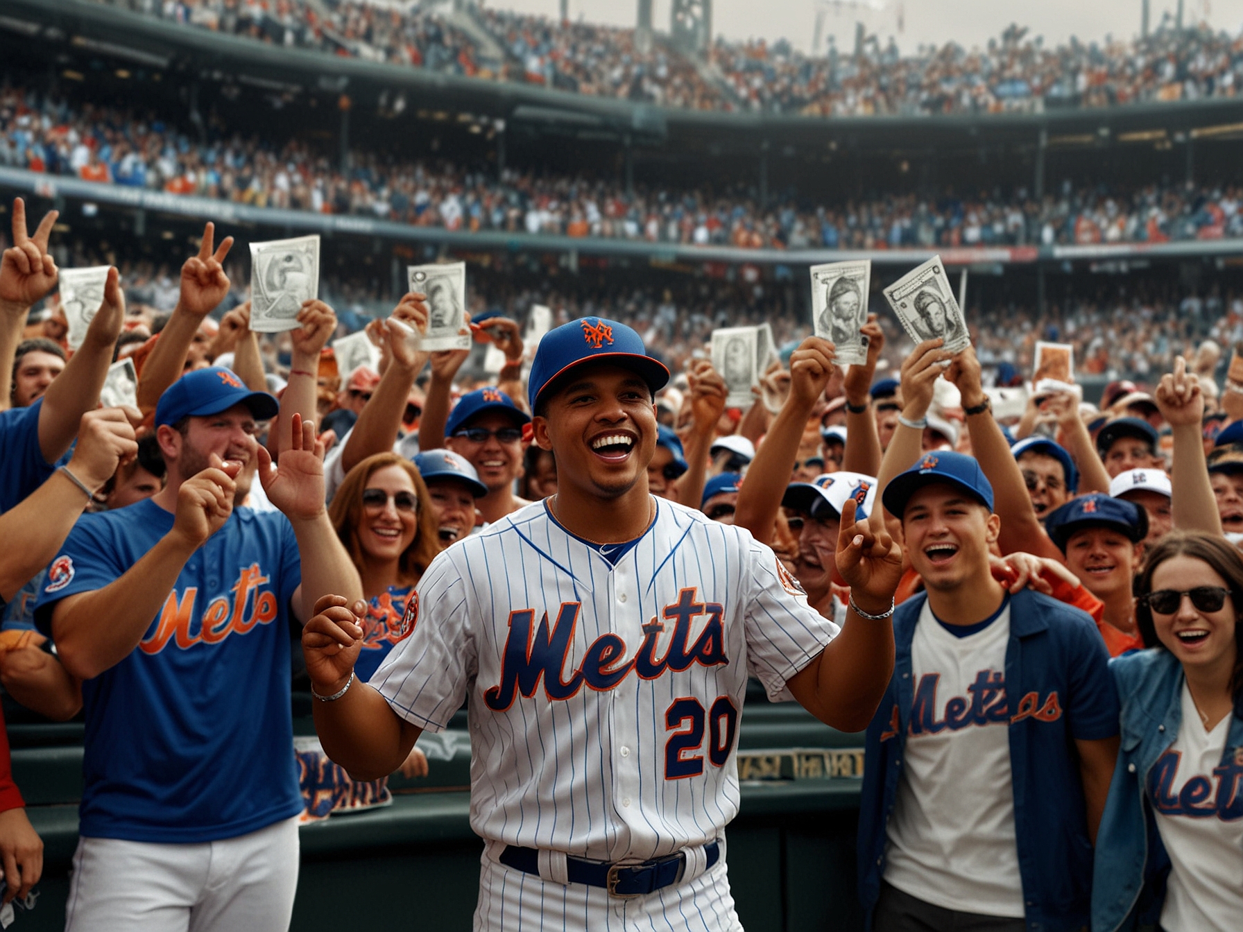 A visual representation of the New York Mets logo alongside Juan Soto's image, depicting a triumphant moment post-signing his historic contract.