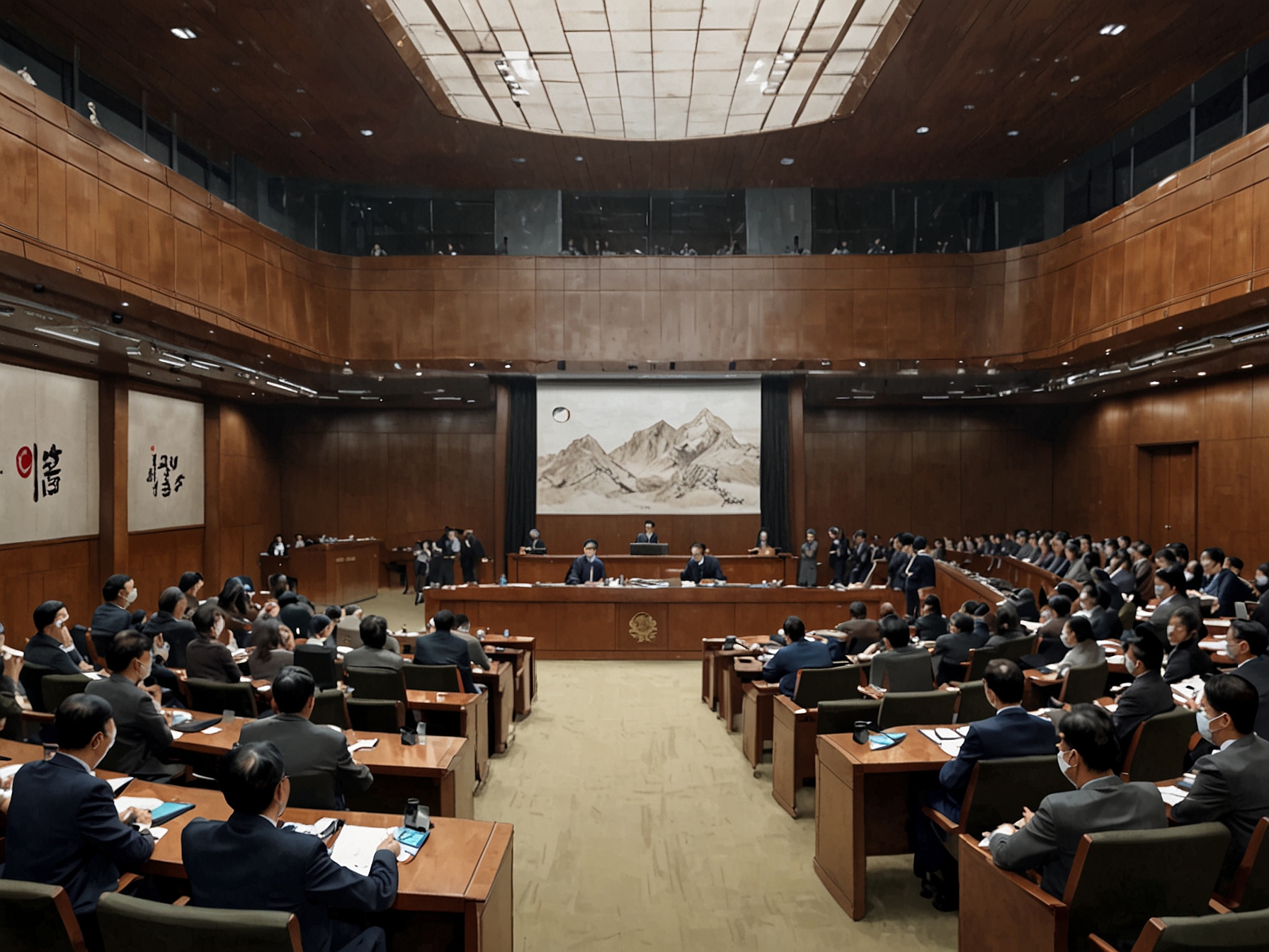 A tense scene in the South Korean National Assembly where lawmakers engage in heated debates, highlighting the political chaos surrounding accusations against President Yoon Suk-yeol.