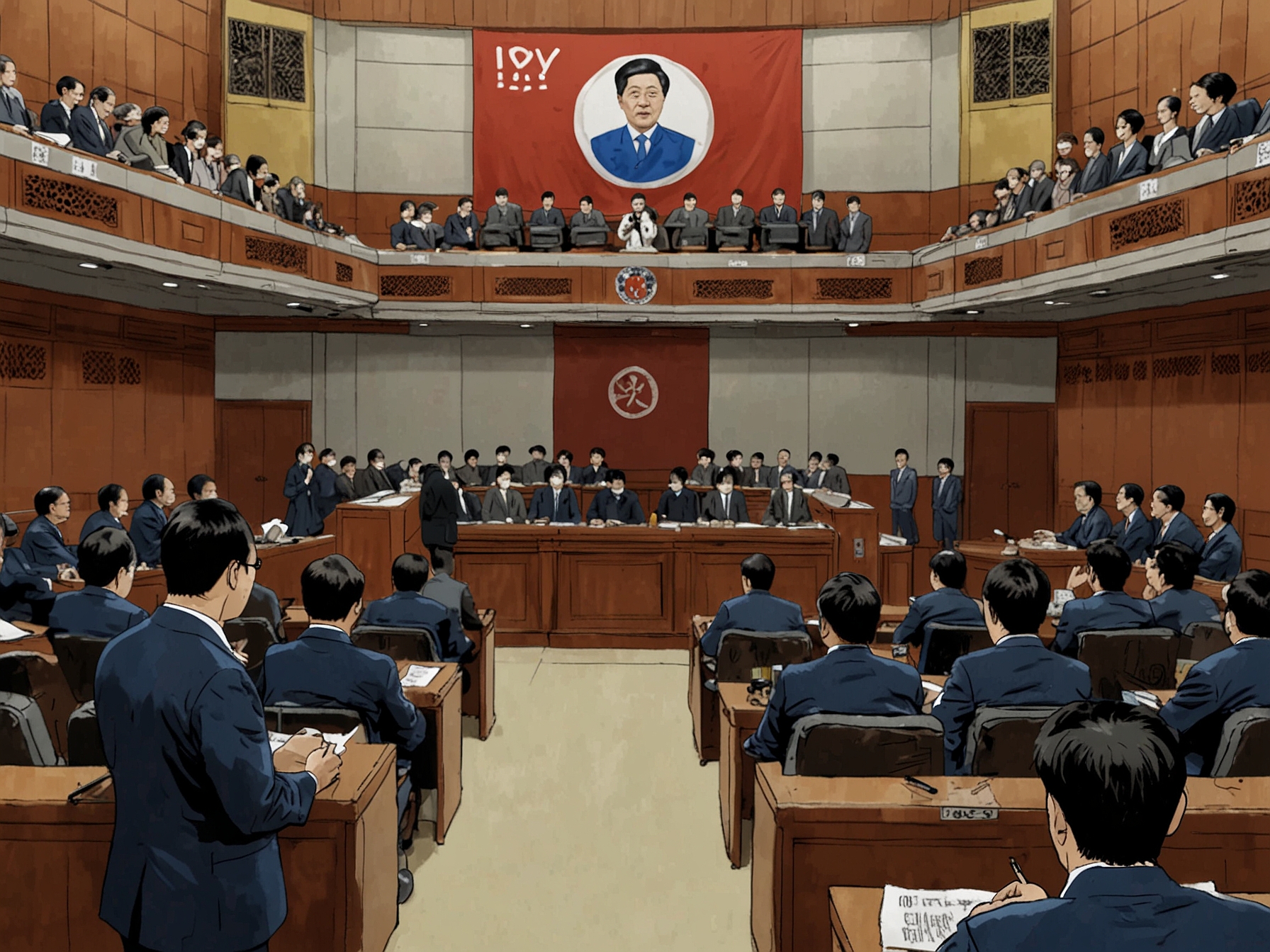 Justice Minister Park Seong-jae and Police Chief Jo Ji-ho at a National Assembly meeting, facing scrutiny from opposition lawmakers amid serious accusations.