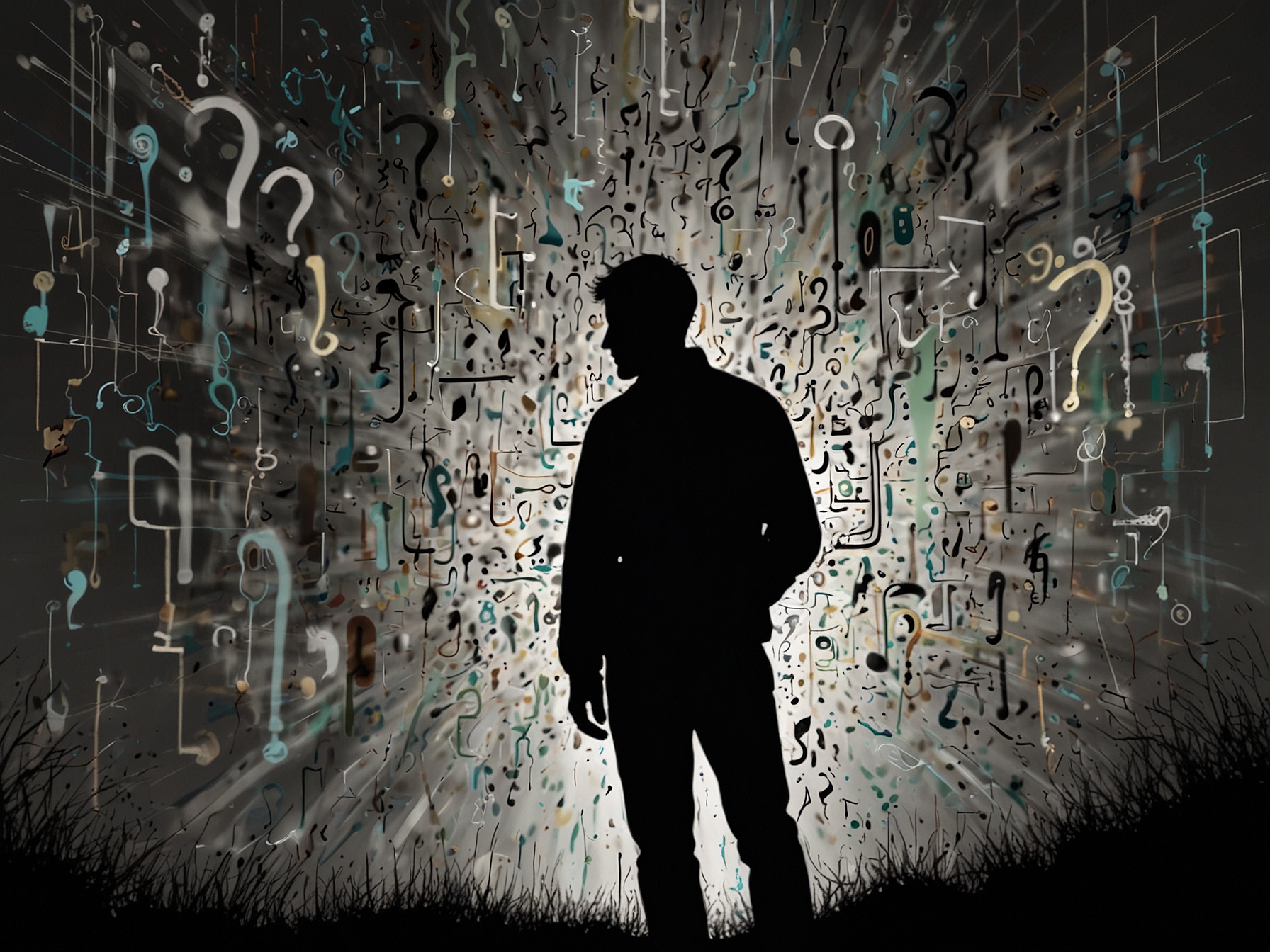 An abstract illustration depicting a blurred digital landscape filled with question marks and a silhouette of a person, symbolizing the mystery and enigma of David Mayer in AI interactions.