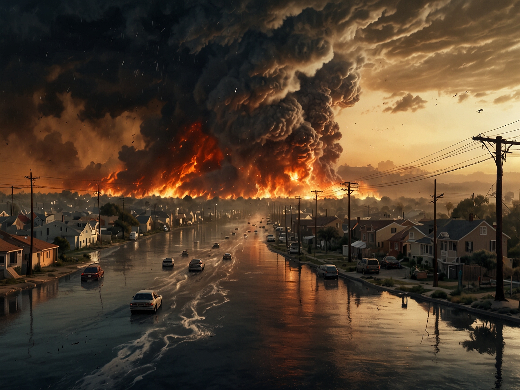 A collage depicting extreme weather events from 2024, including wildfires, heatwaves, and flooded streets, showcasing the widespread impact of climate change on various communities.