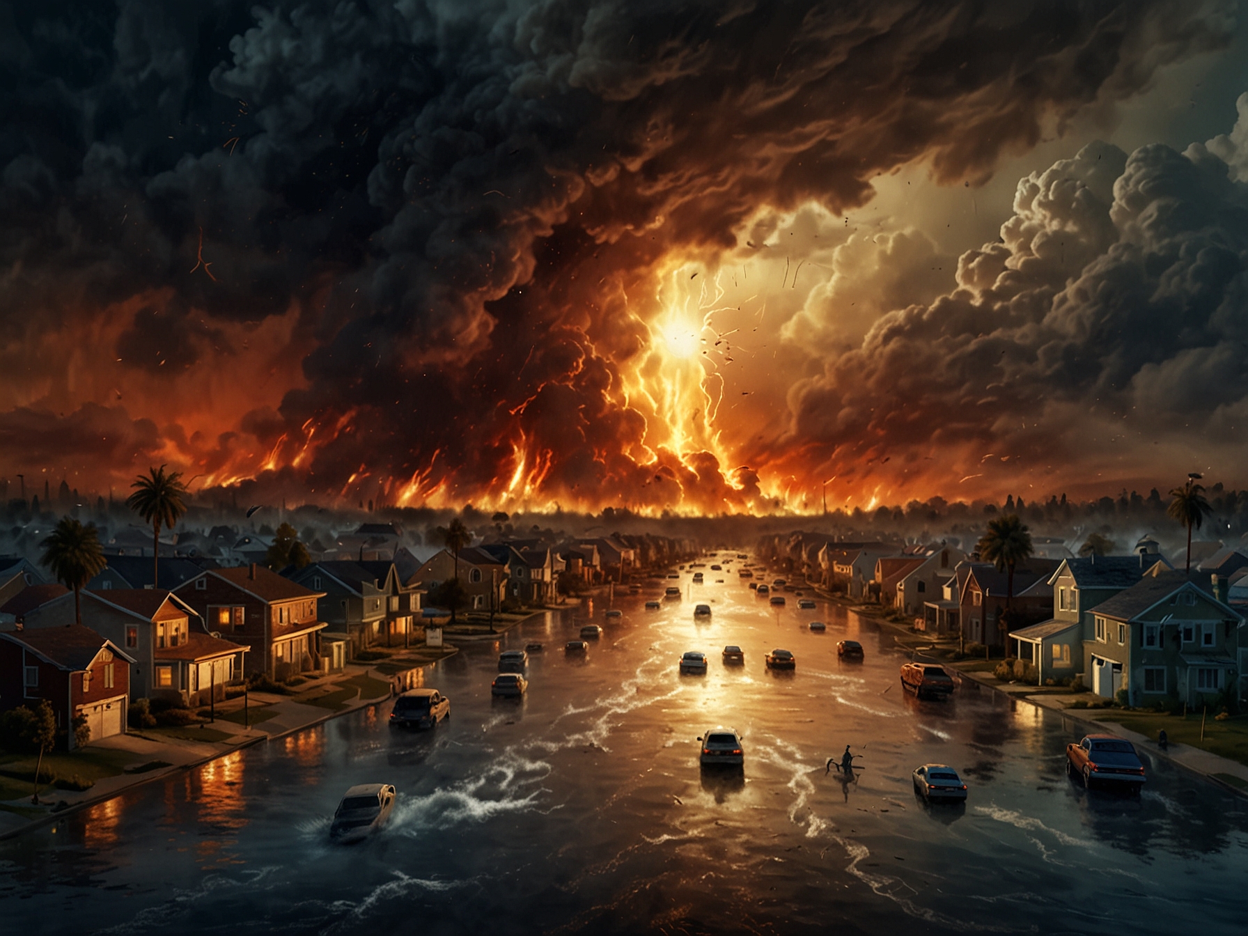 People experiencing a heatwave in an urban setting, contrasting with images of destruction caused by wildfires, emphasizing the human stories behind climate statistics.