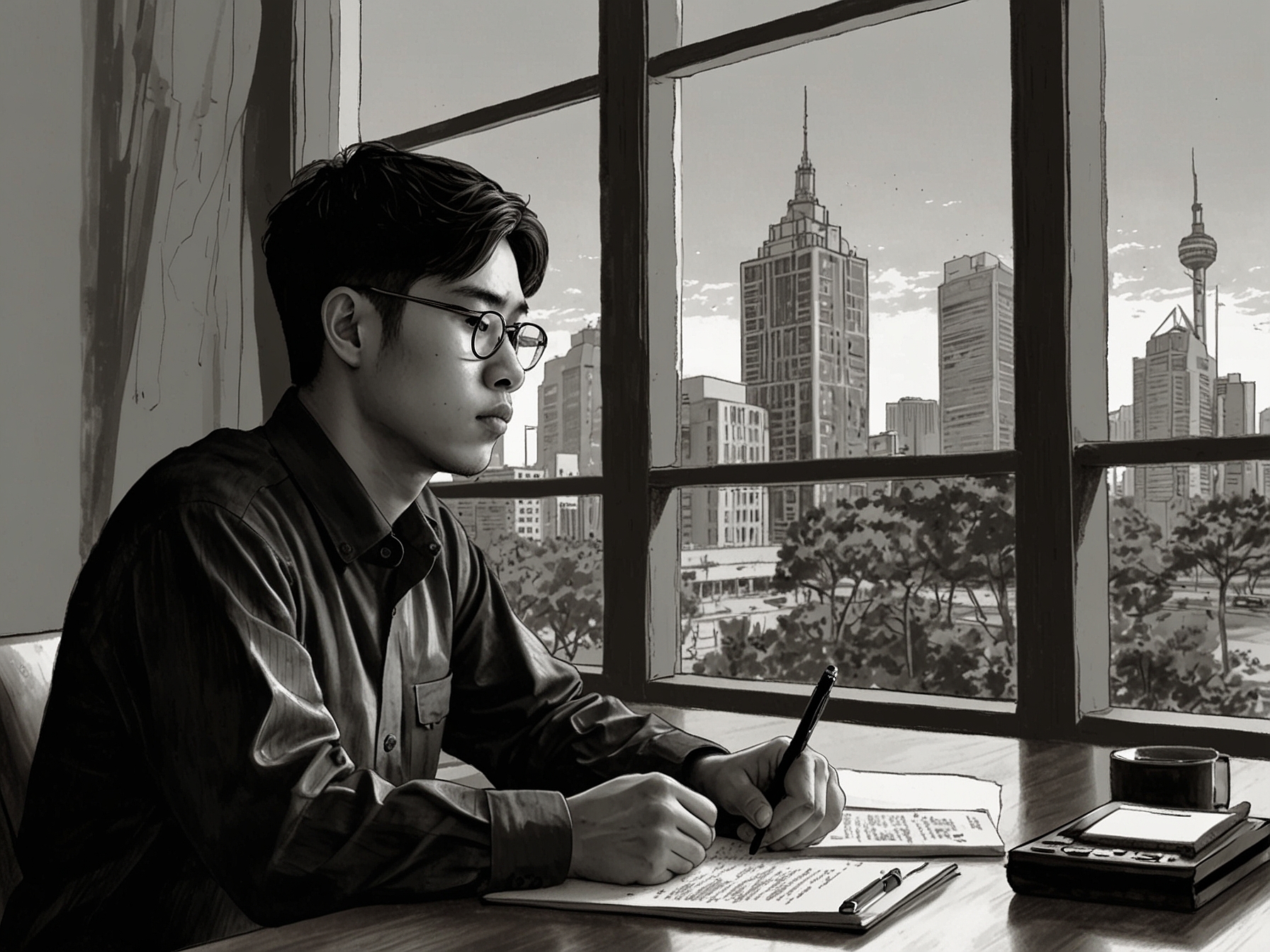 A contemplative young man sits at a desk, laptop open, as he reflects on the current political climate in Korea, with images of government buildings in the background.