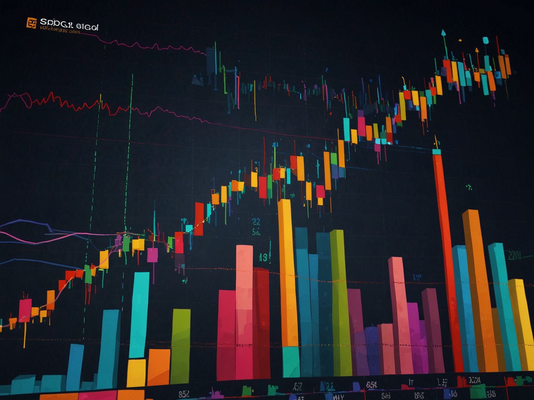 An upward trending graph representing the S&P 500 forecast with visual indicators of growth, technology icons, and optimistic investors analyzing market trends. Bright colors symbolize a flourishing market environment.