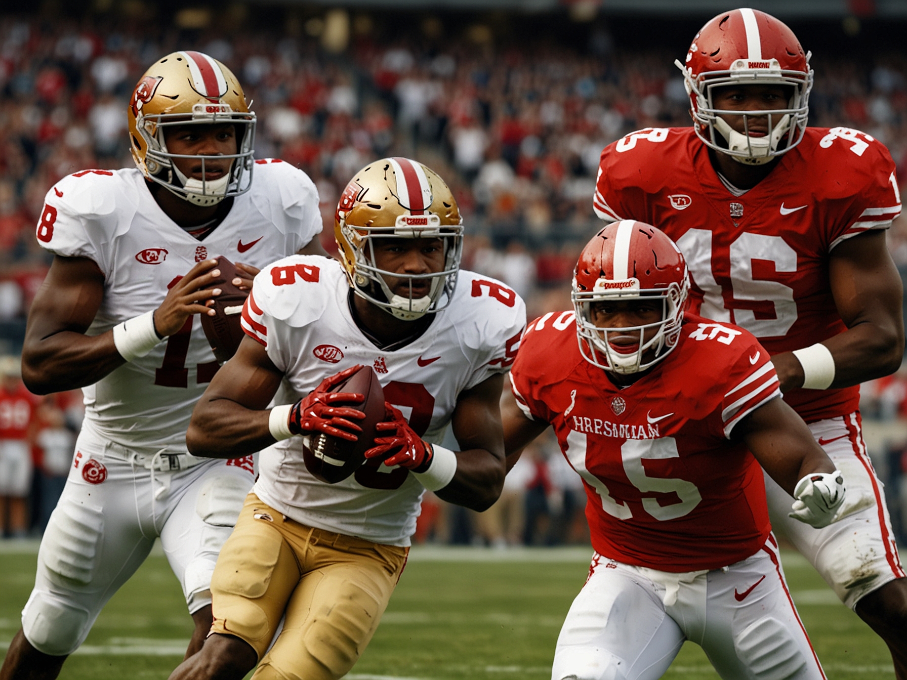 A dynamic shot of Travis Hunter making a catch with defenders surrounding him, emphasizing his dual-threat capability as an exceptional two-way college football player.