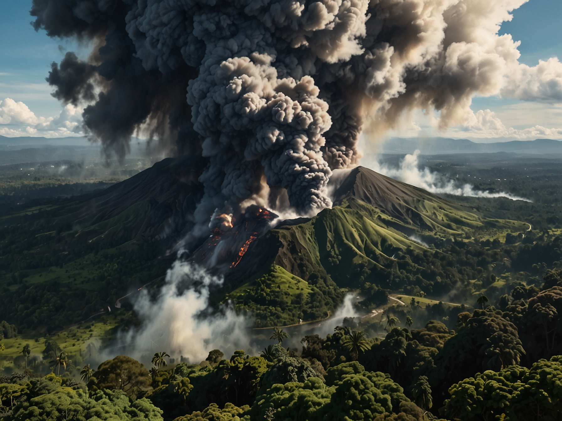 An aerial view of the Kanlaon Volcano erupting, with a massive ash cloud billowing into the sky, surrounded by lush greenery and signs of nearby evacuation efforts.