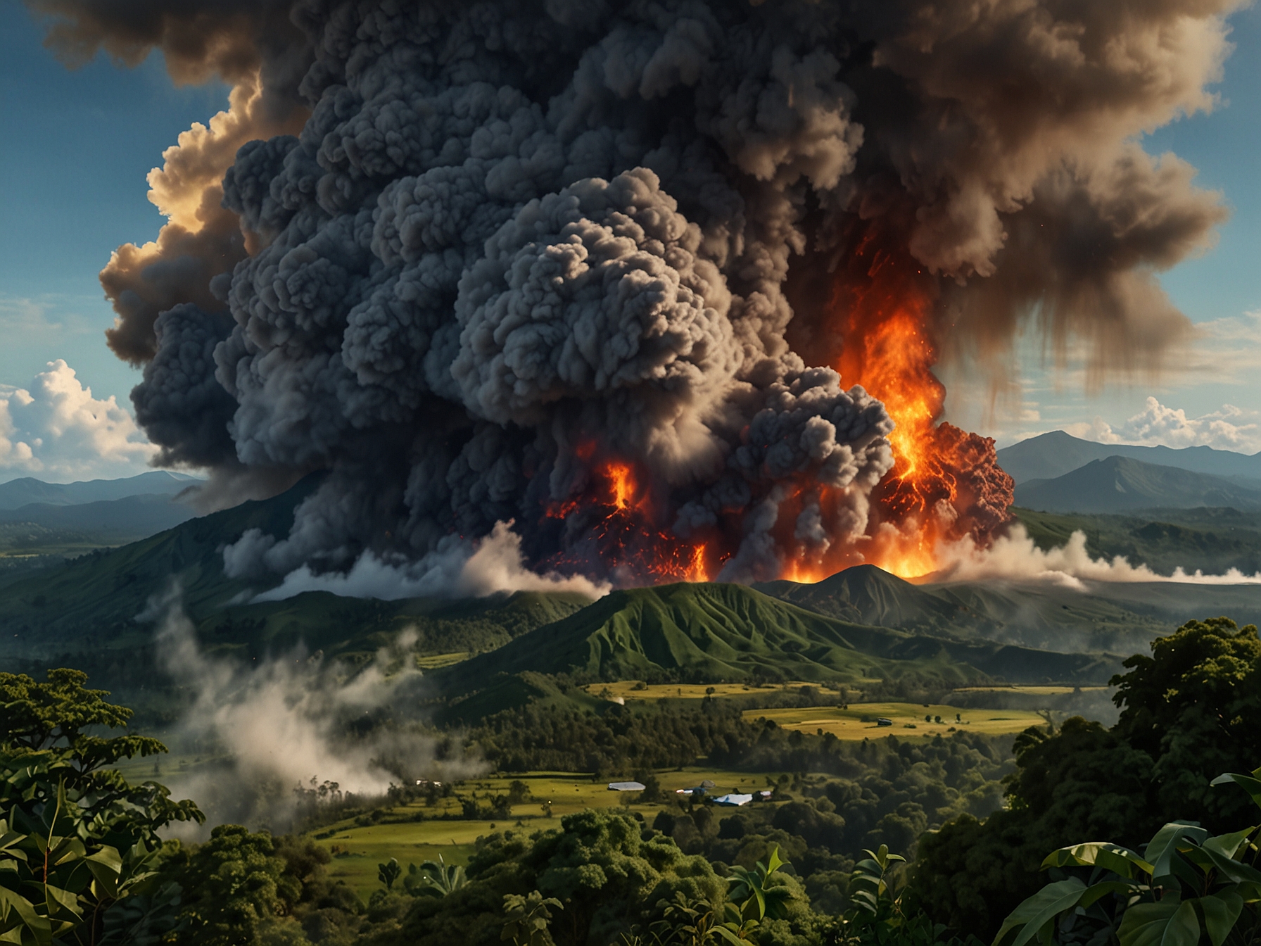 Residents of La Castellana hastily evacuating their homes, carrying personal belongings and pets, as grey ash descends around them amidst a chaotic scene of urgency.