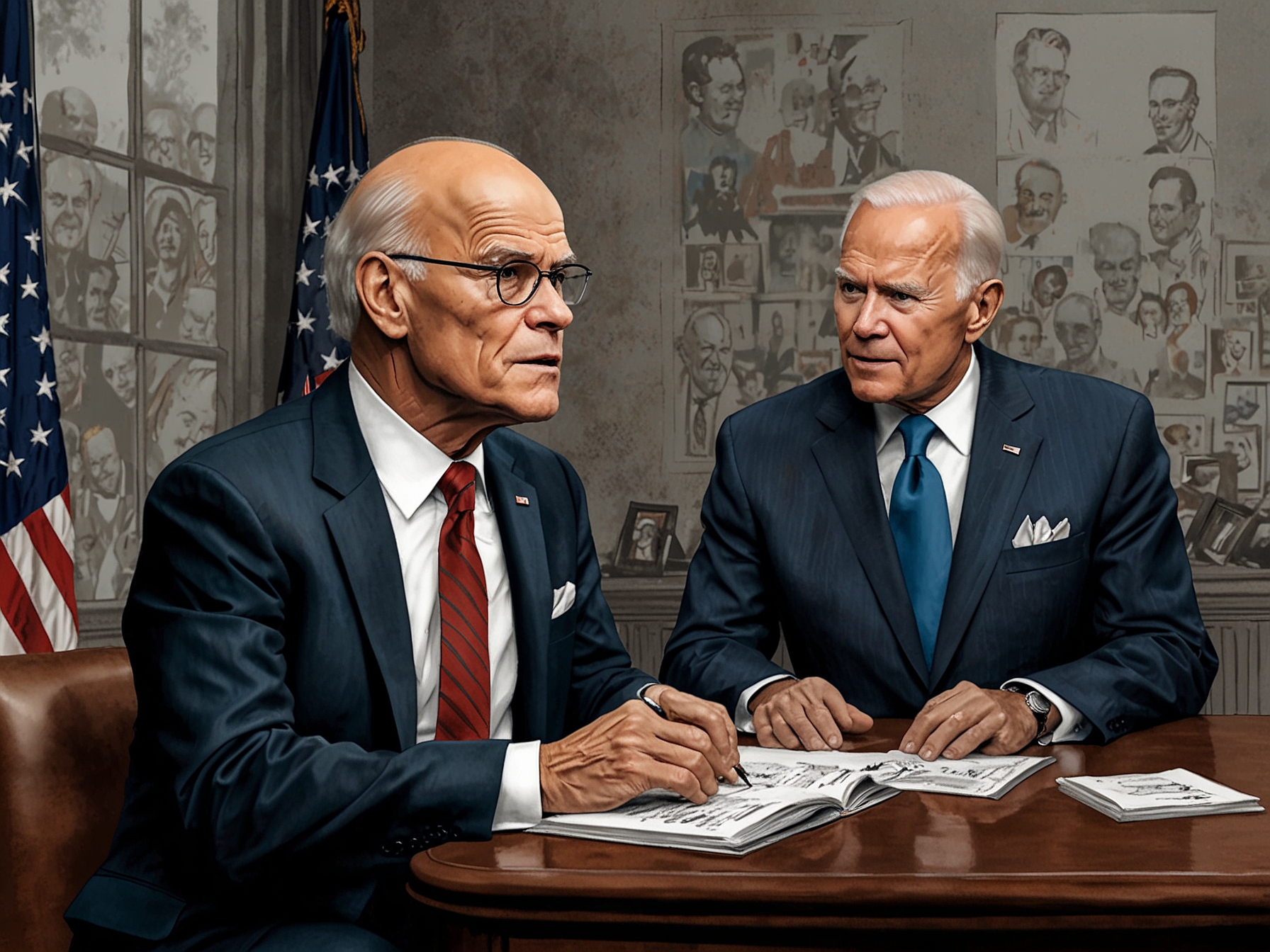 A reflective image of James Carville discussing political dynamics, with a focus on President Biden's challenges, set against a political backdrop, highlighting their impact on the Democratic Party.