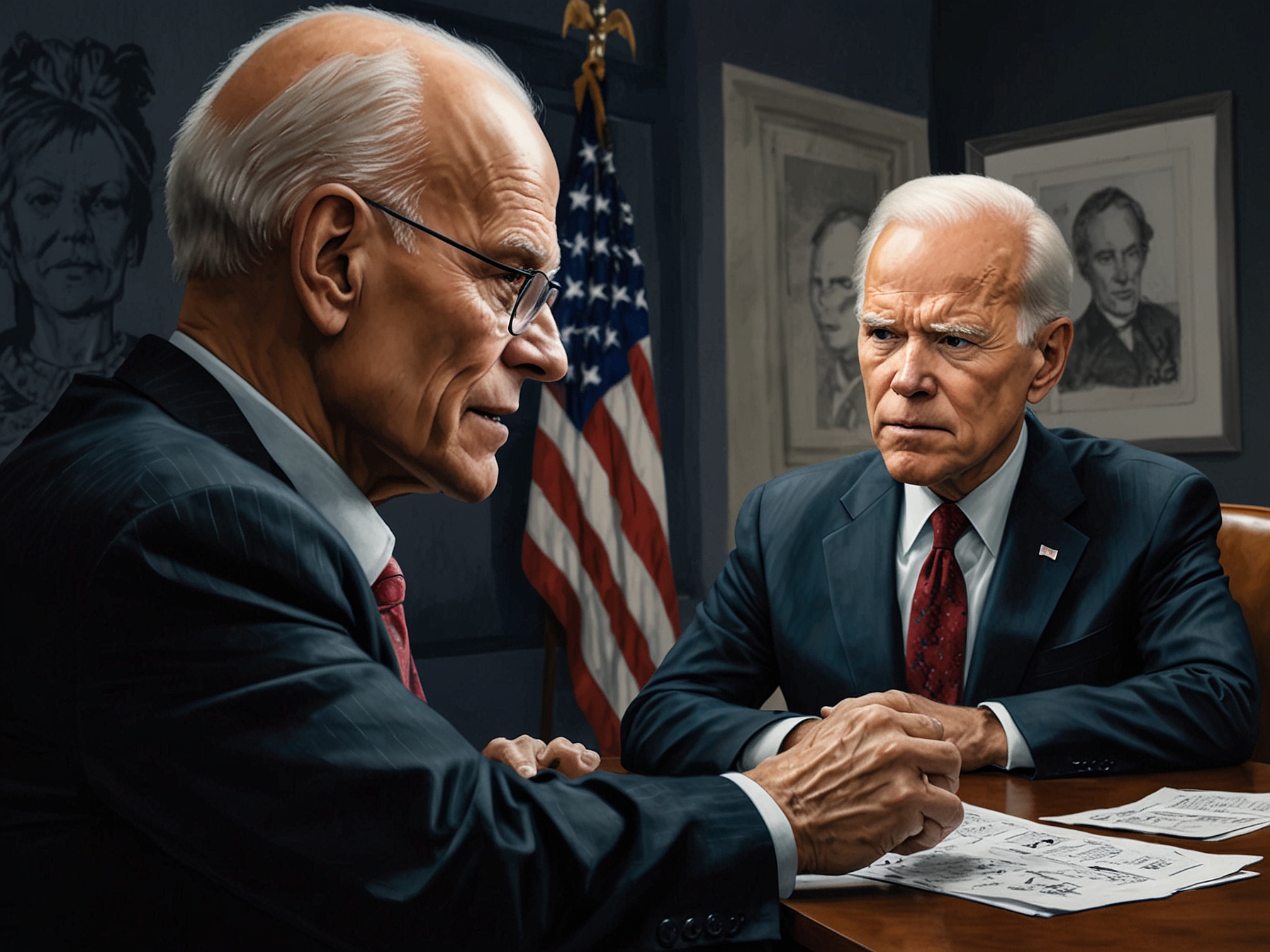An illustration depicting a divided Democratic Party, with symbolic imagery representing Biden's political journey and the controversies surrounding his leadership.