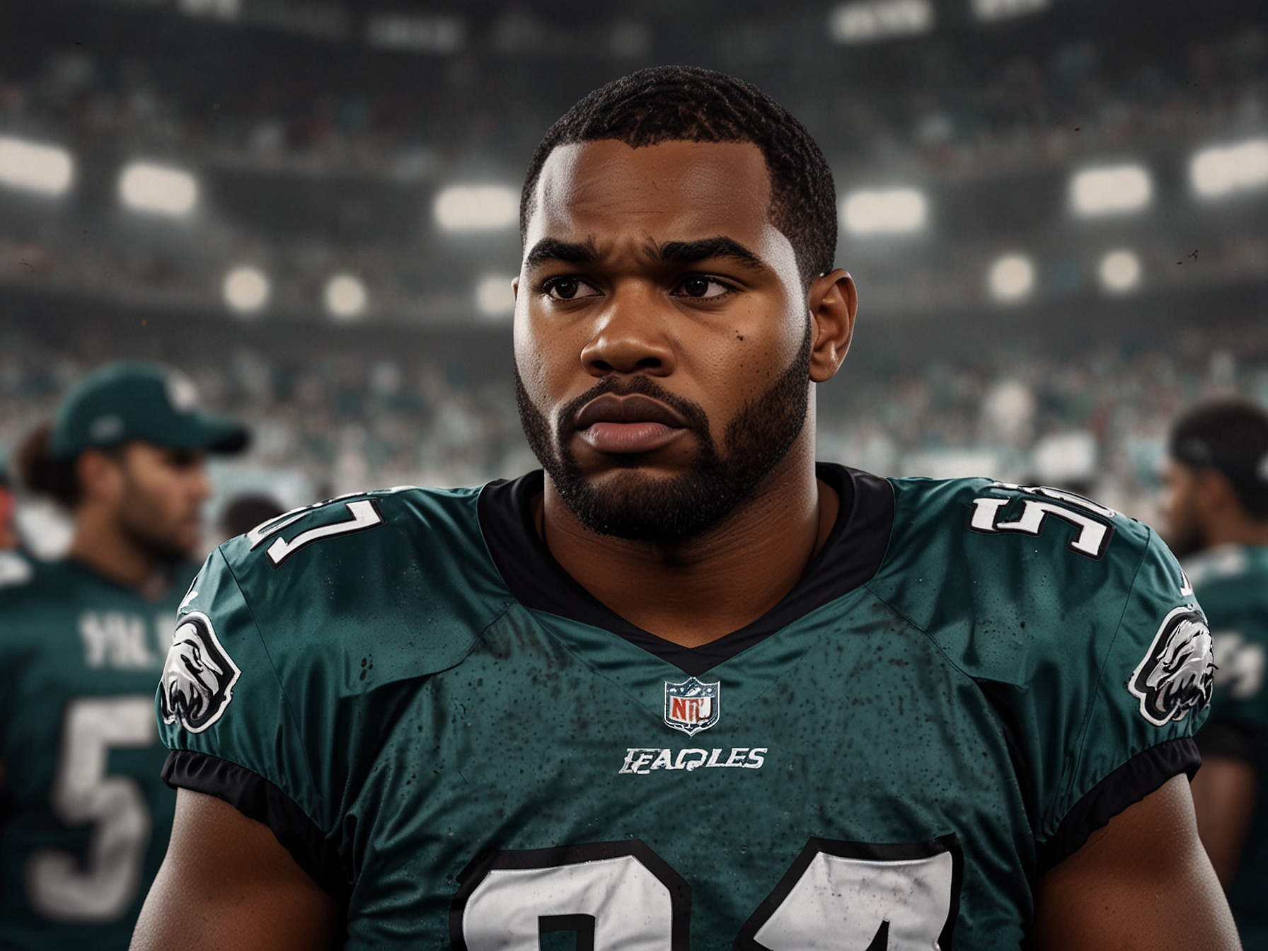 An intense sports scene featuring Brandon Graham in an Eagles jersey speaking to teammates, with a focused expression indicating accountability and leadership amidst game action.