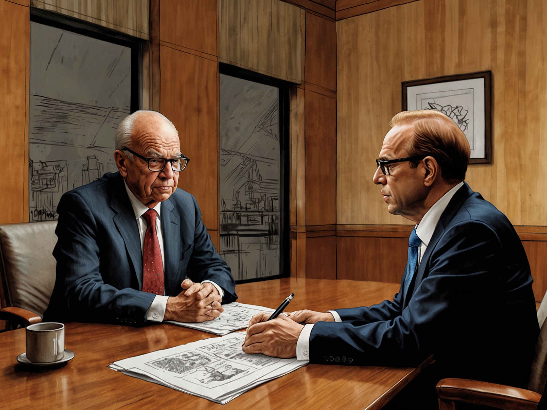 An image depicting Rupert Murdoch and Lachlan Murdoch in a boardroom setting, illustrating familial tension and power dynamics over a family trust governing their extensive media empire.