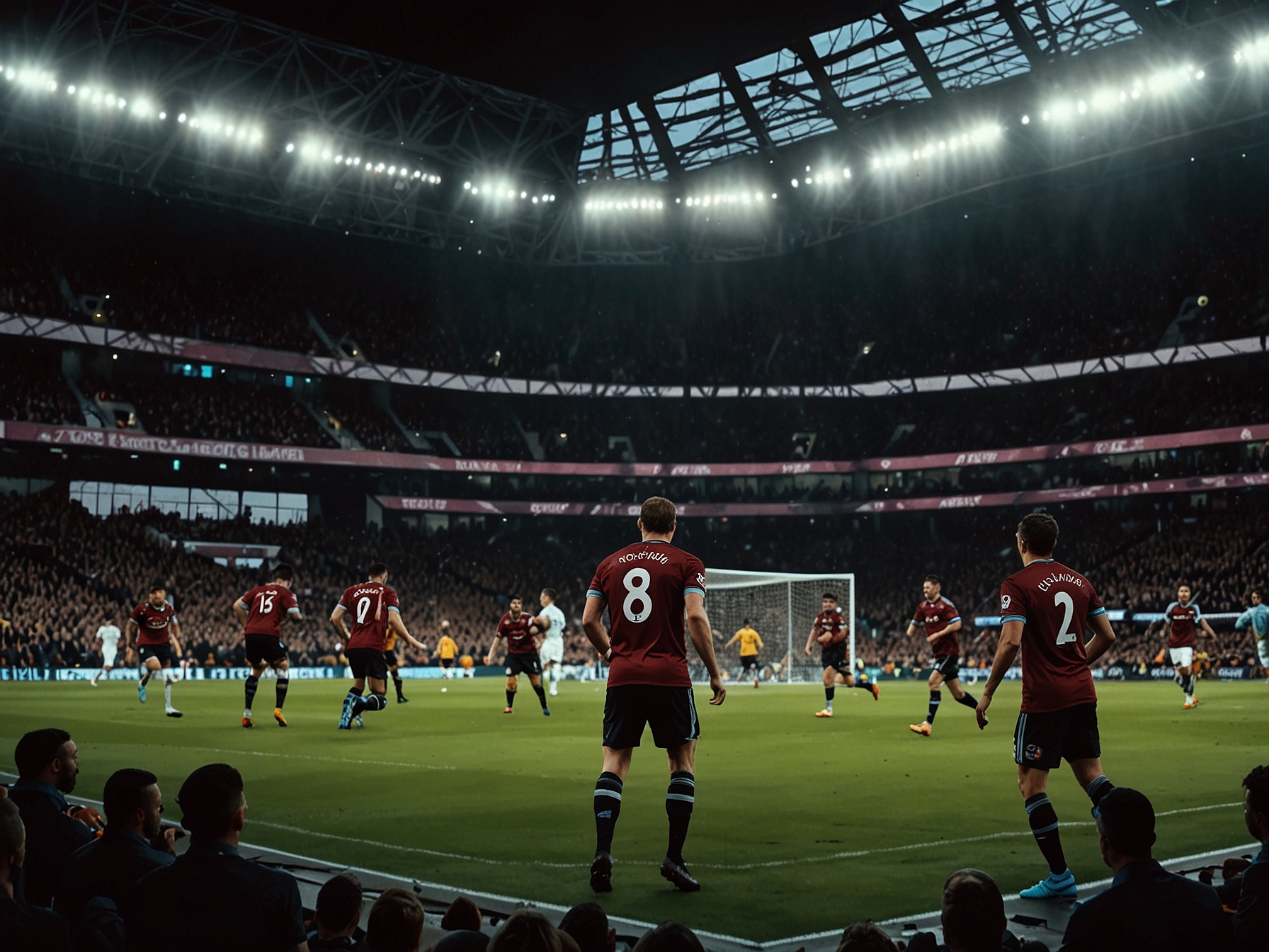 An intense moment during the West Ham vs Wolves match, showcasing players in action amid a vibrant crowd at the London Stadium.