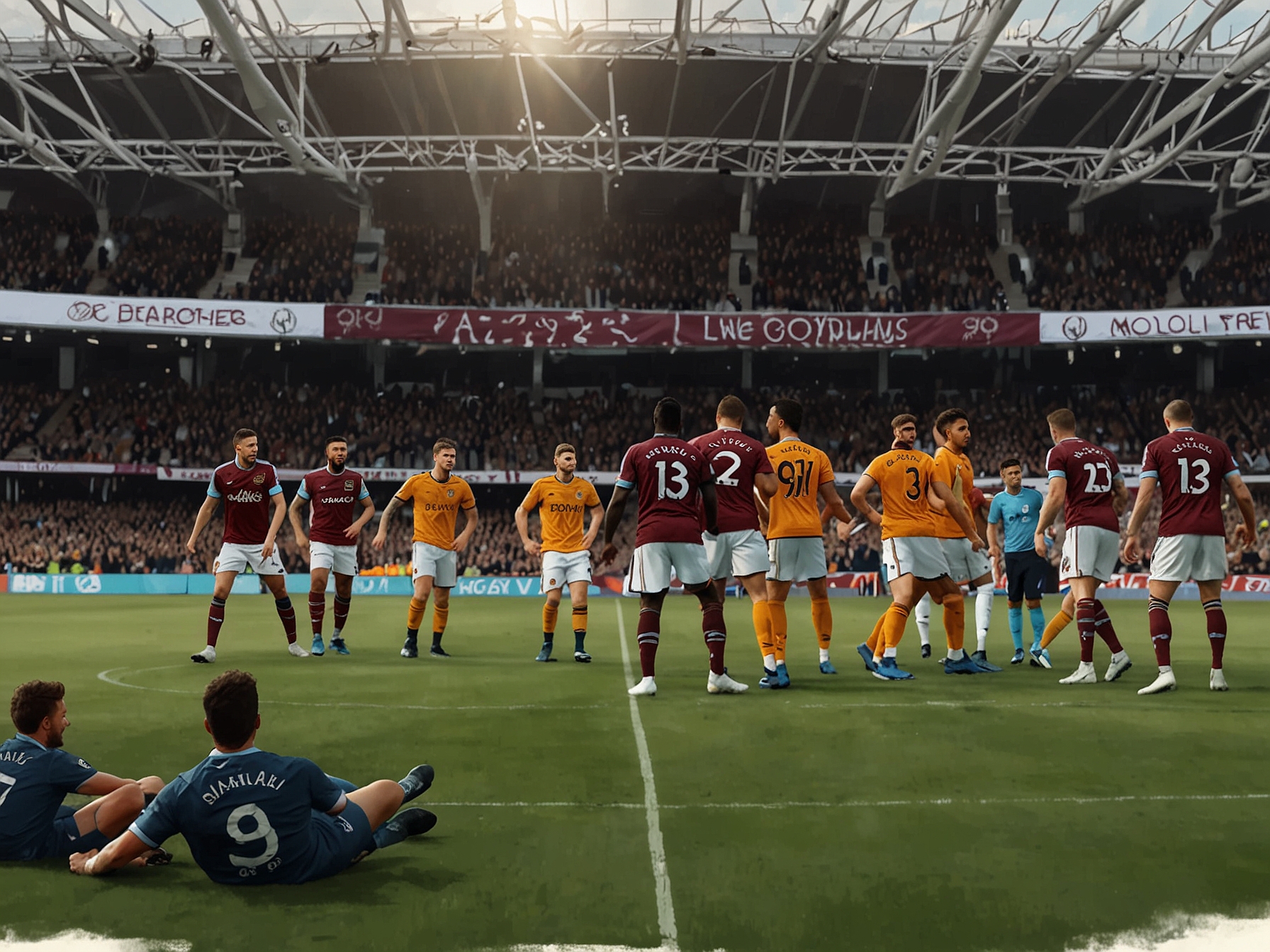 Tomás Soucek celebrating after scoring the opening goal, surrounded by teammates, highlighting the team's unity in overcoming challenges.