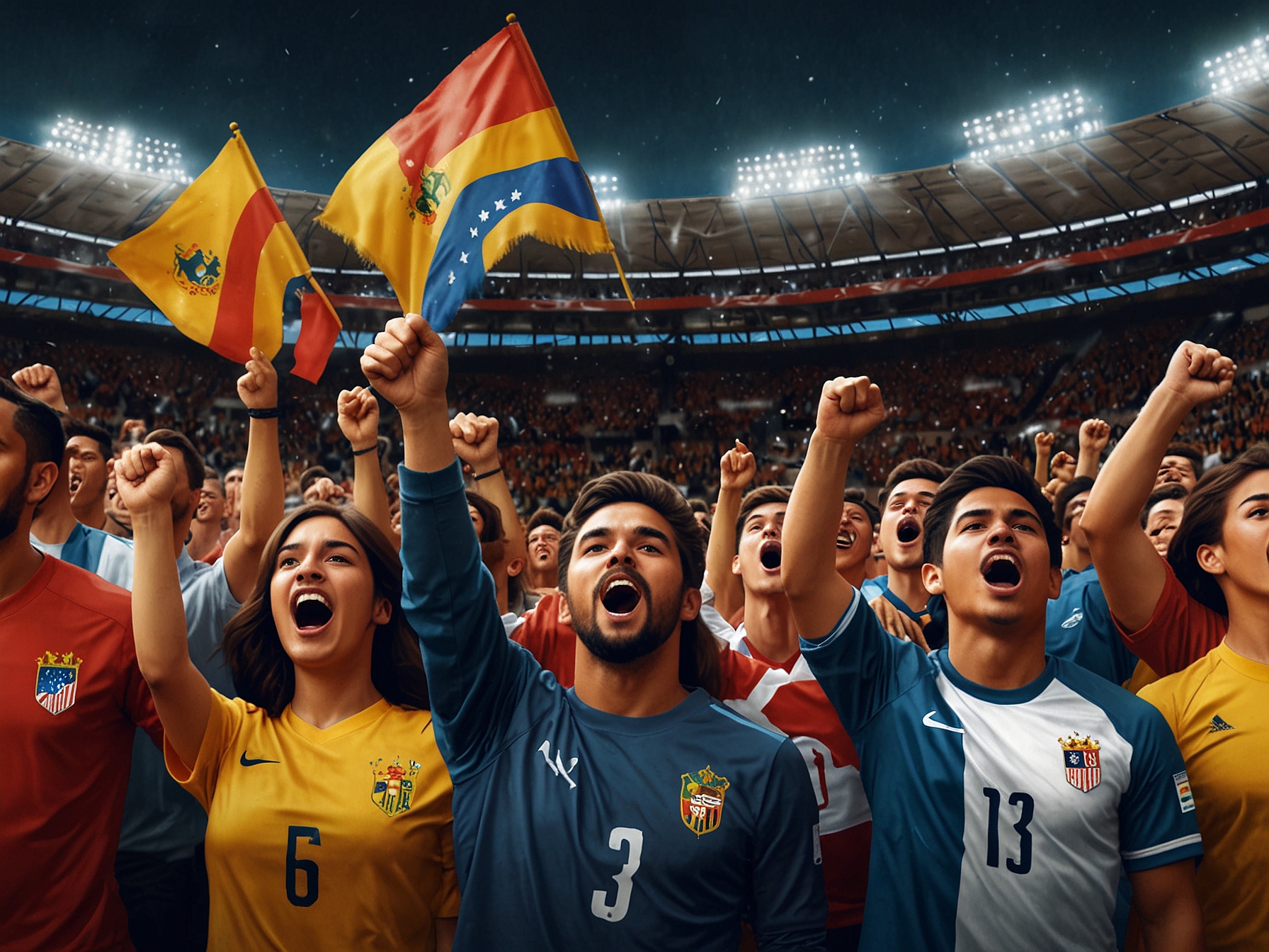A close-up of soccer fans wearing jerseys and holding scarves with the América and Monterrey logos, excitement evident on their faces as they prepare for the thrilling finals in December.