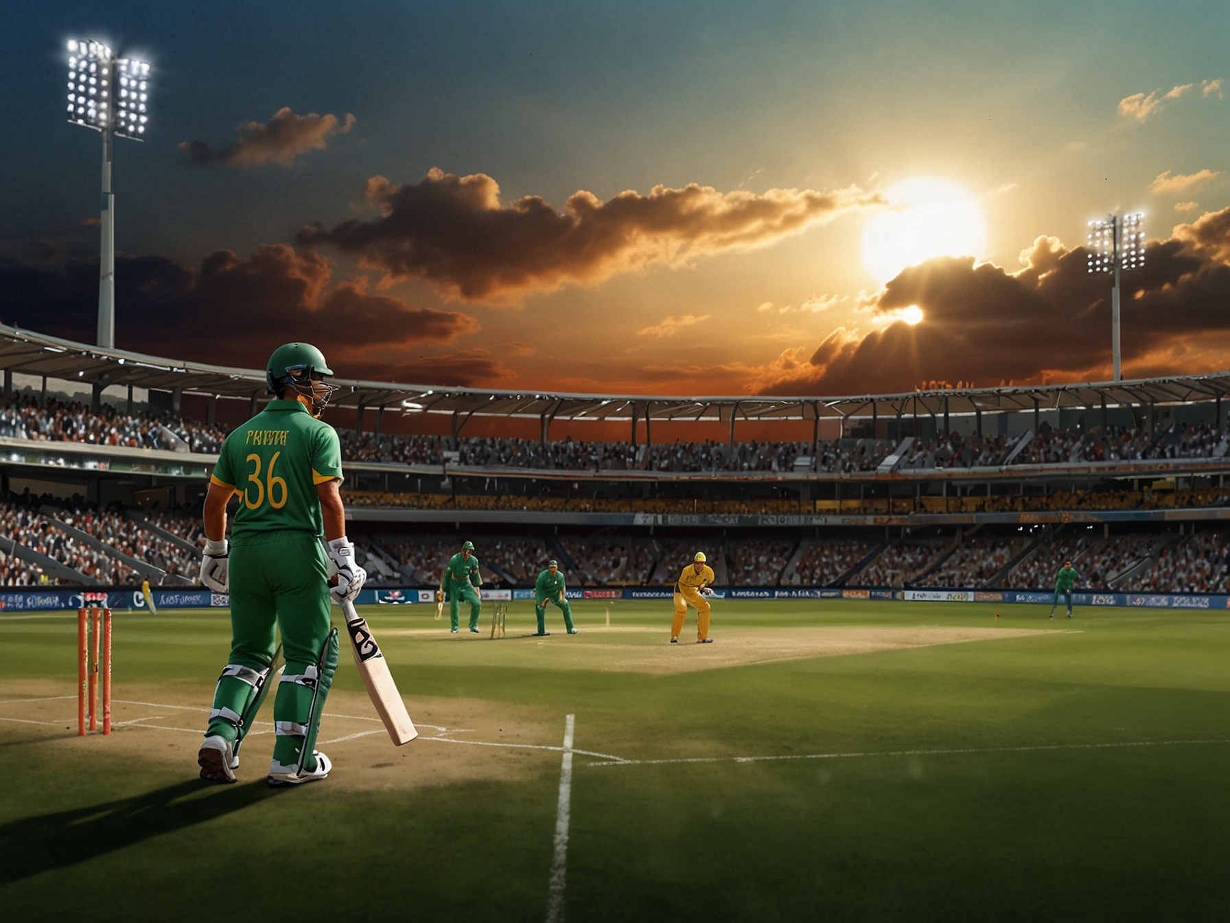 A cricket field showcasing the vibrant rivalry during a T20I match, with players from Pakistan and South Africa in action, capturing the intensity and excitement of the game.