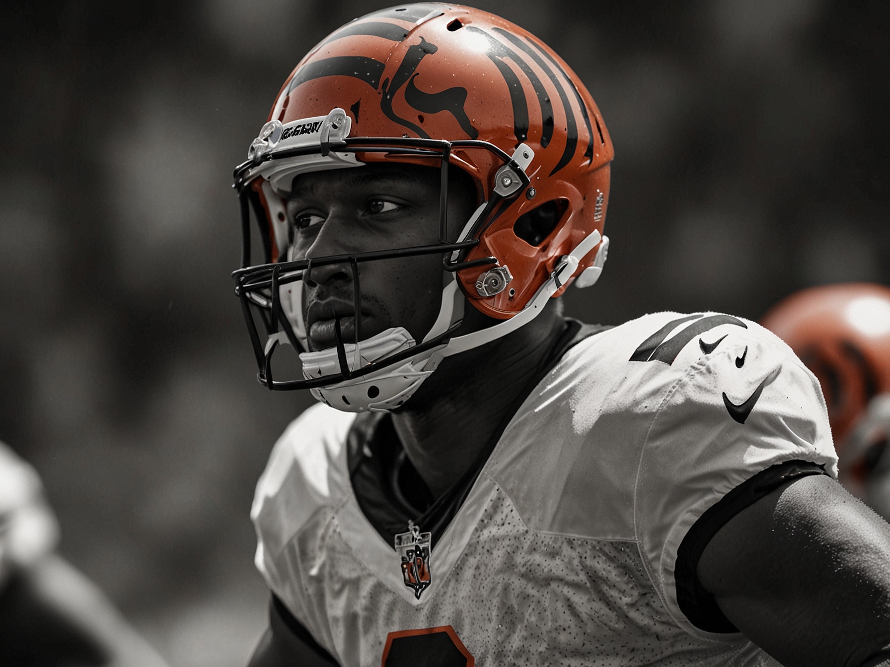 A focused Tee Higgins in Bengals gear during practice, showcasing his determination and readiness for the upcoming NFL season. The background features supportive teammates engaged in drills.