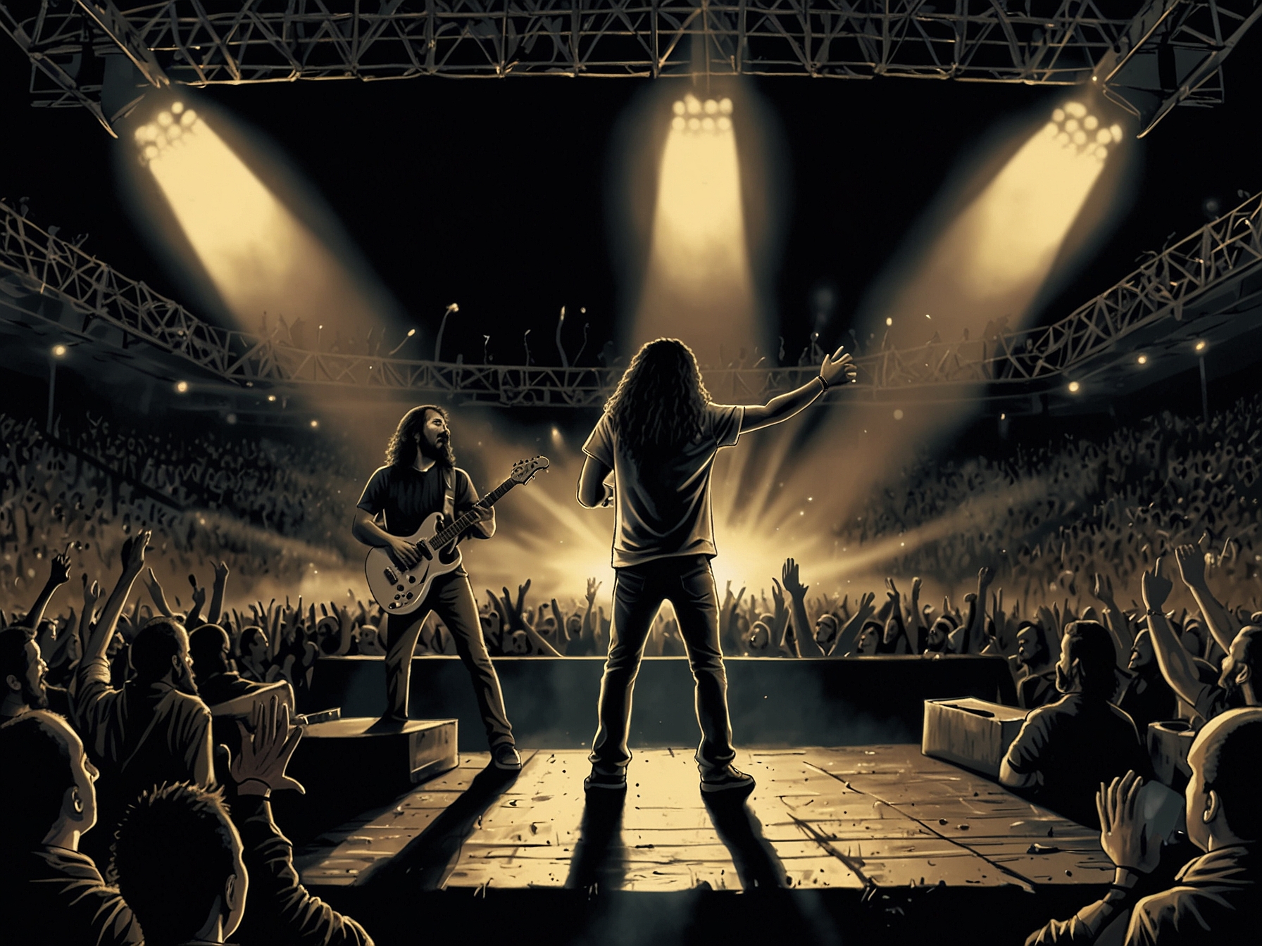 A vibrant concert scene featuring System Of A Down performing live with energetic lighting and an enthusiastic crowd, encapsulating the essence of a monumental metal reunion.