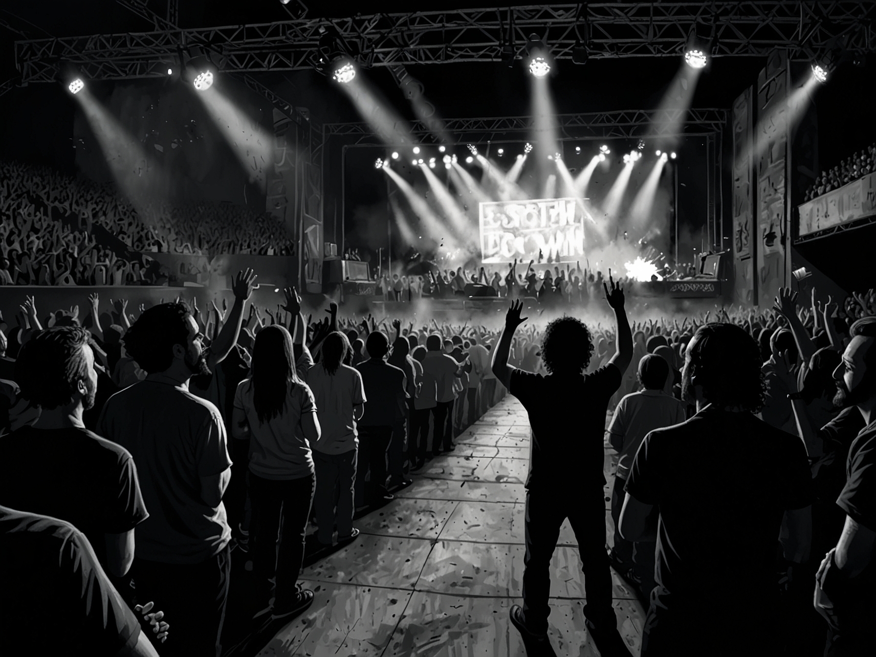 The lineup for the upcoming concert, showcasing System Of A Down, Korn, Deftones, and Avenged Sevenfold with a backdrop of a packed stadium filled with cheering fans.