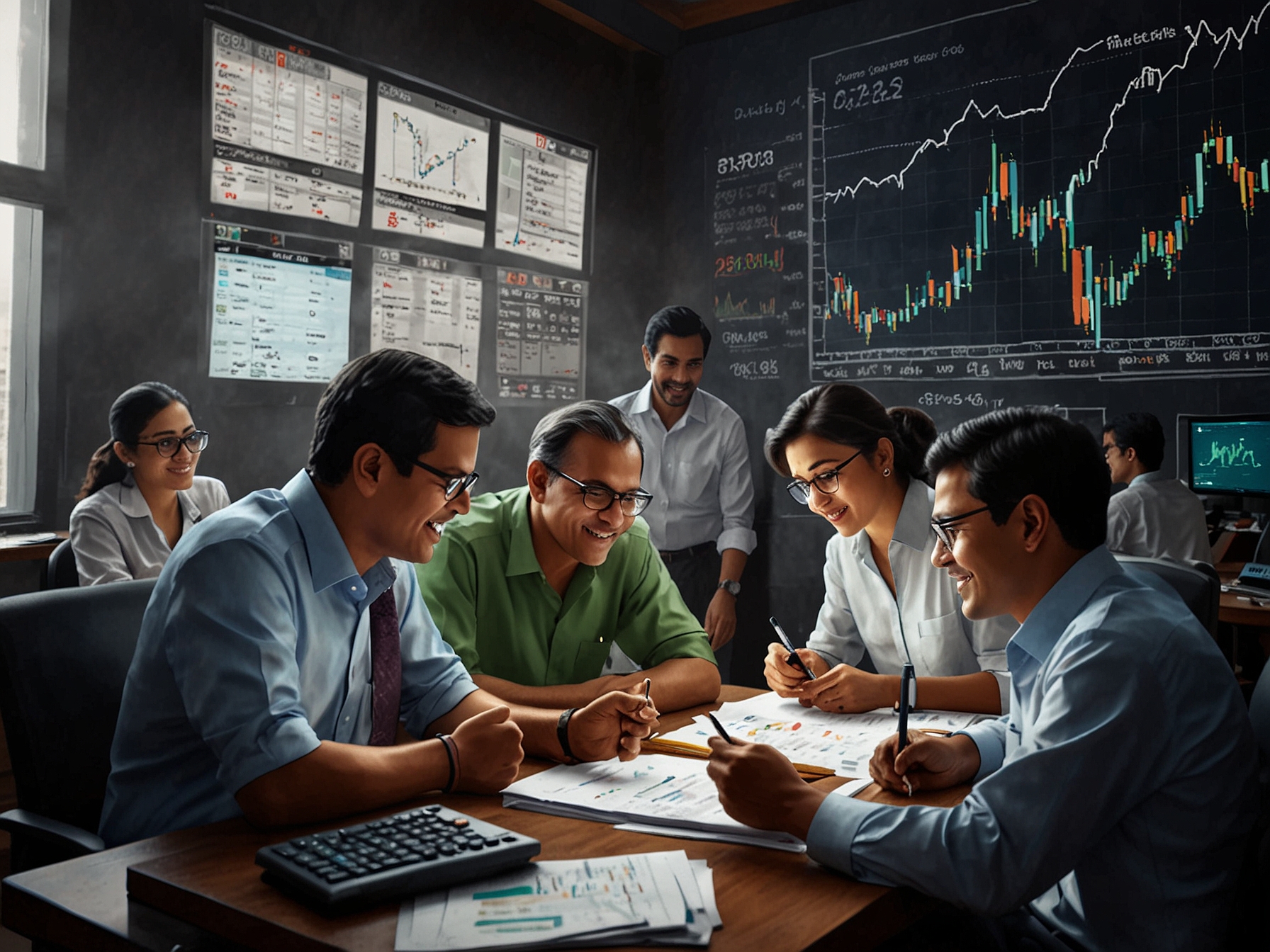 A bustling stock market scene with investors analyzing graphs and trends, creating an atmosphere of excitement around the IPO launch of Dhanlaxmi Crop Science.