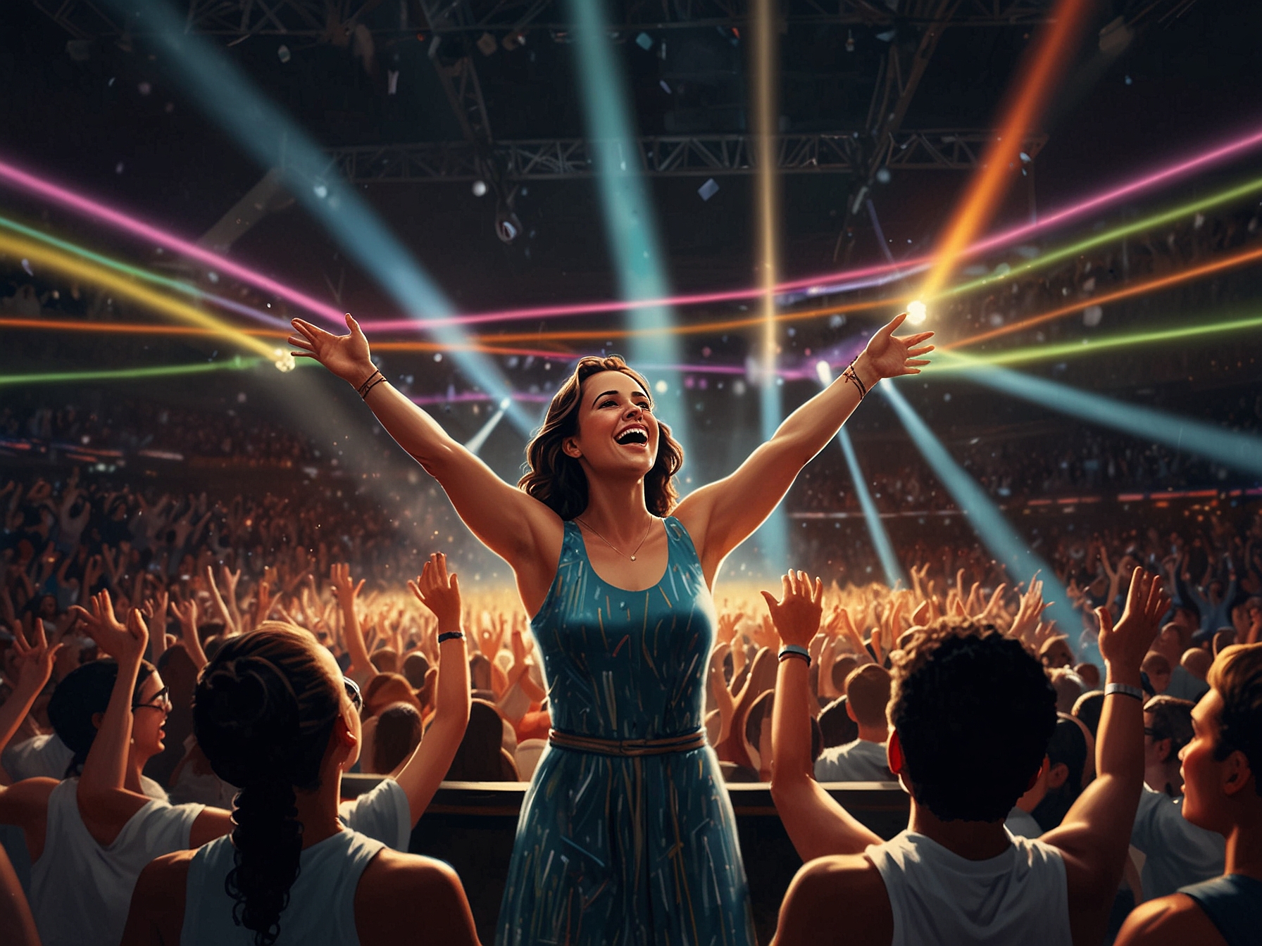 A vibrant concert scene showcasing Gracie Abrams performing on stage at Madison Square Garden, with enthusiastic fans waving glow sticks and singing along, creating a lively atmosphere.