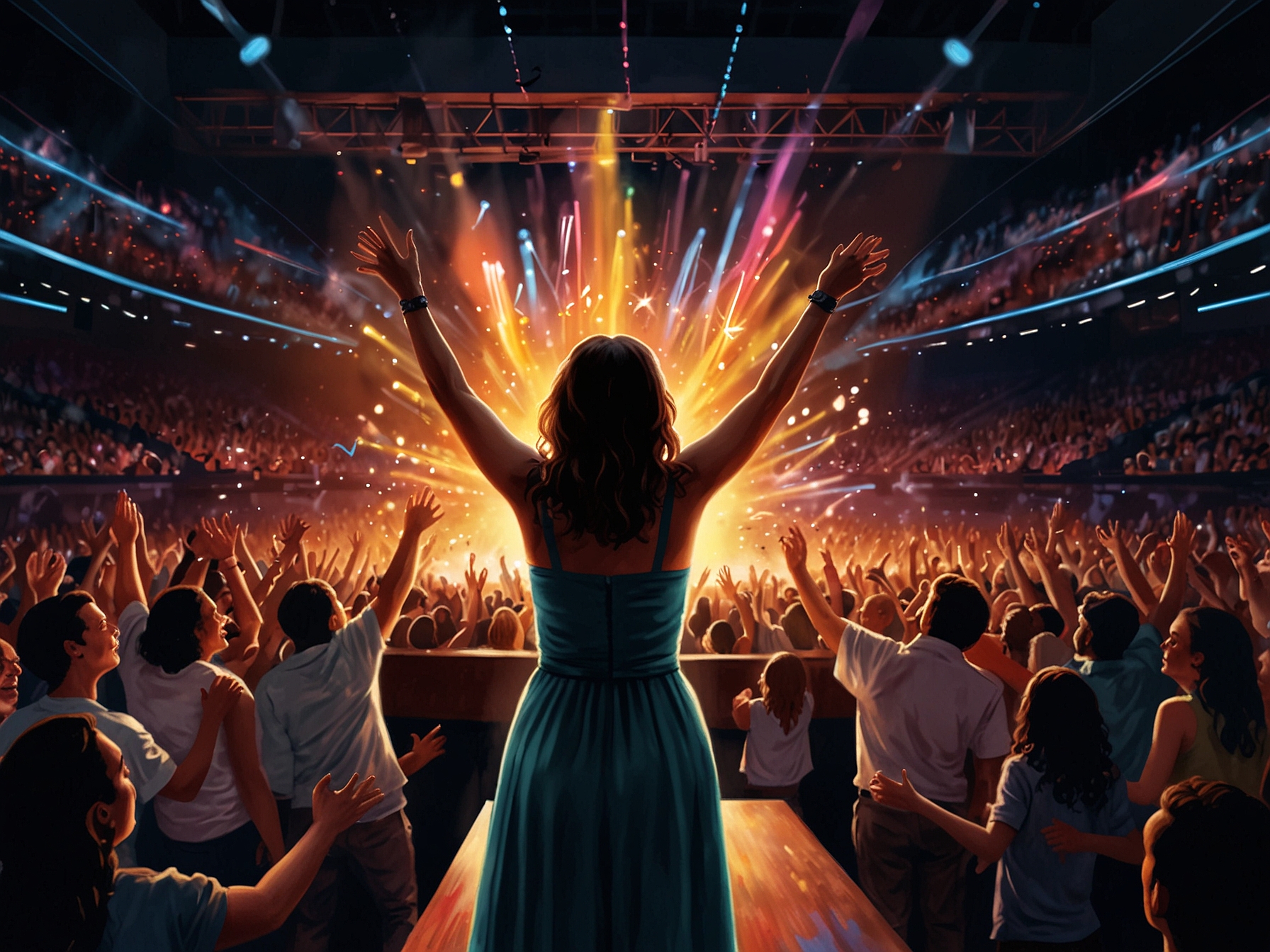 A close-up of Gracie Abrams passionately singing into the microphone, illuminated by colorful stage lights, capturing the emotion and excitement of her performance.