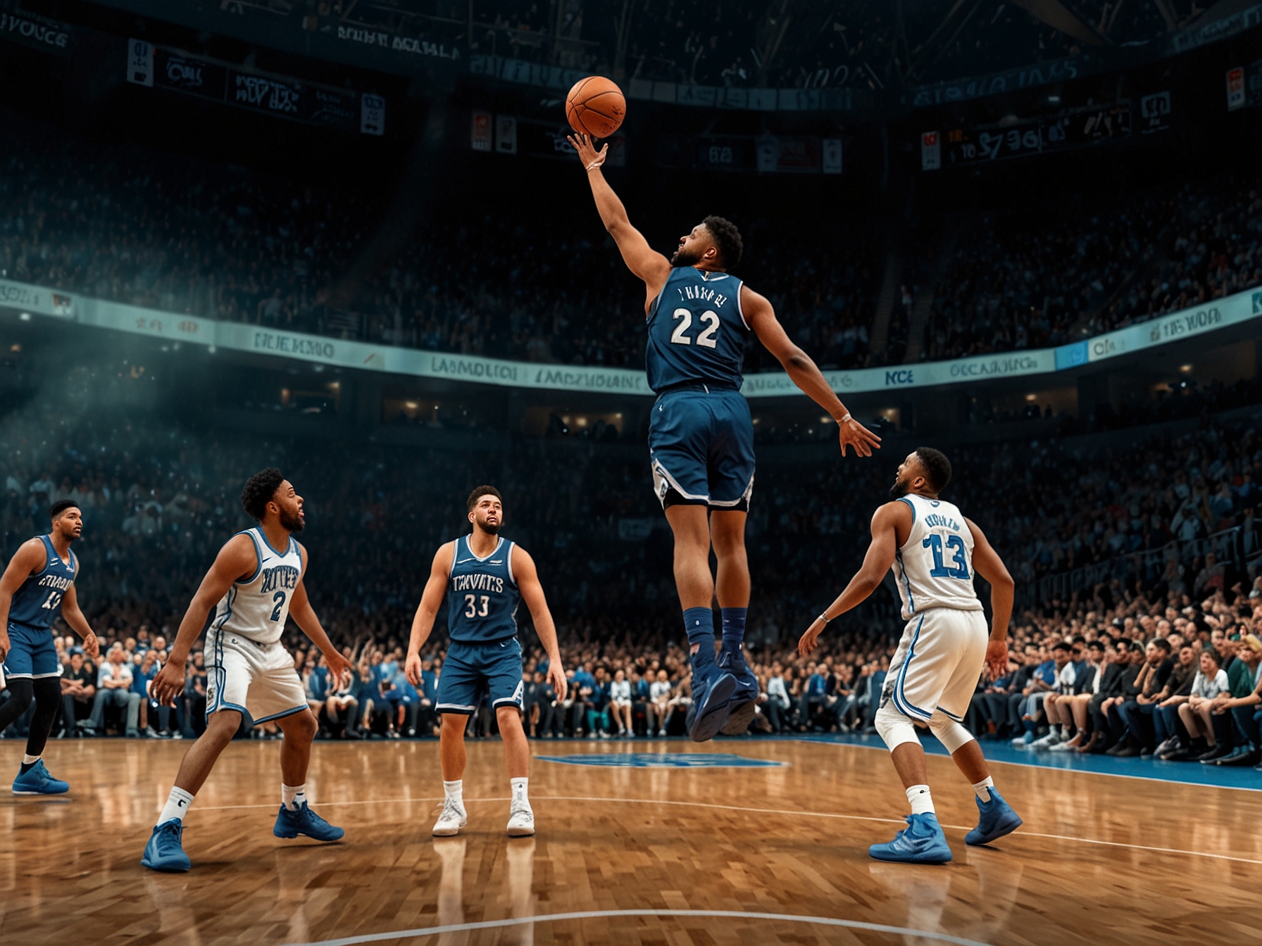 A dramatic basketball scene from the game showcasing Karl-Anthony Towns leaping for a rebound amidst defenders with fans cheering in the vibrant Toronto arena.