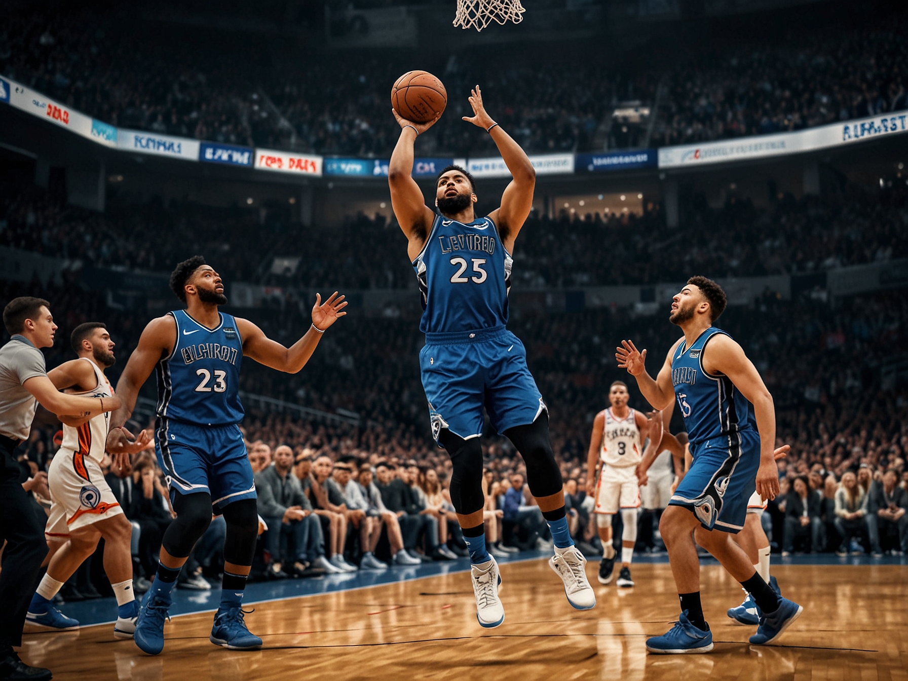 Jalen Brunson orchestrating the play on the court, dribbling the ball with determination while wearing the Knicks' jersey in a high-energy matchup against the Raptors.