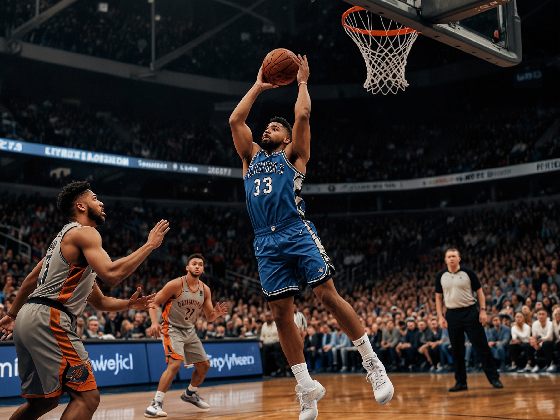 RJ Barrett of the Raptors, confidently shooting the ball from the three-point line, highlighting his scoring ability amid intense defensive pressure from the Knicks players.