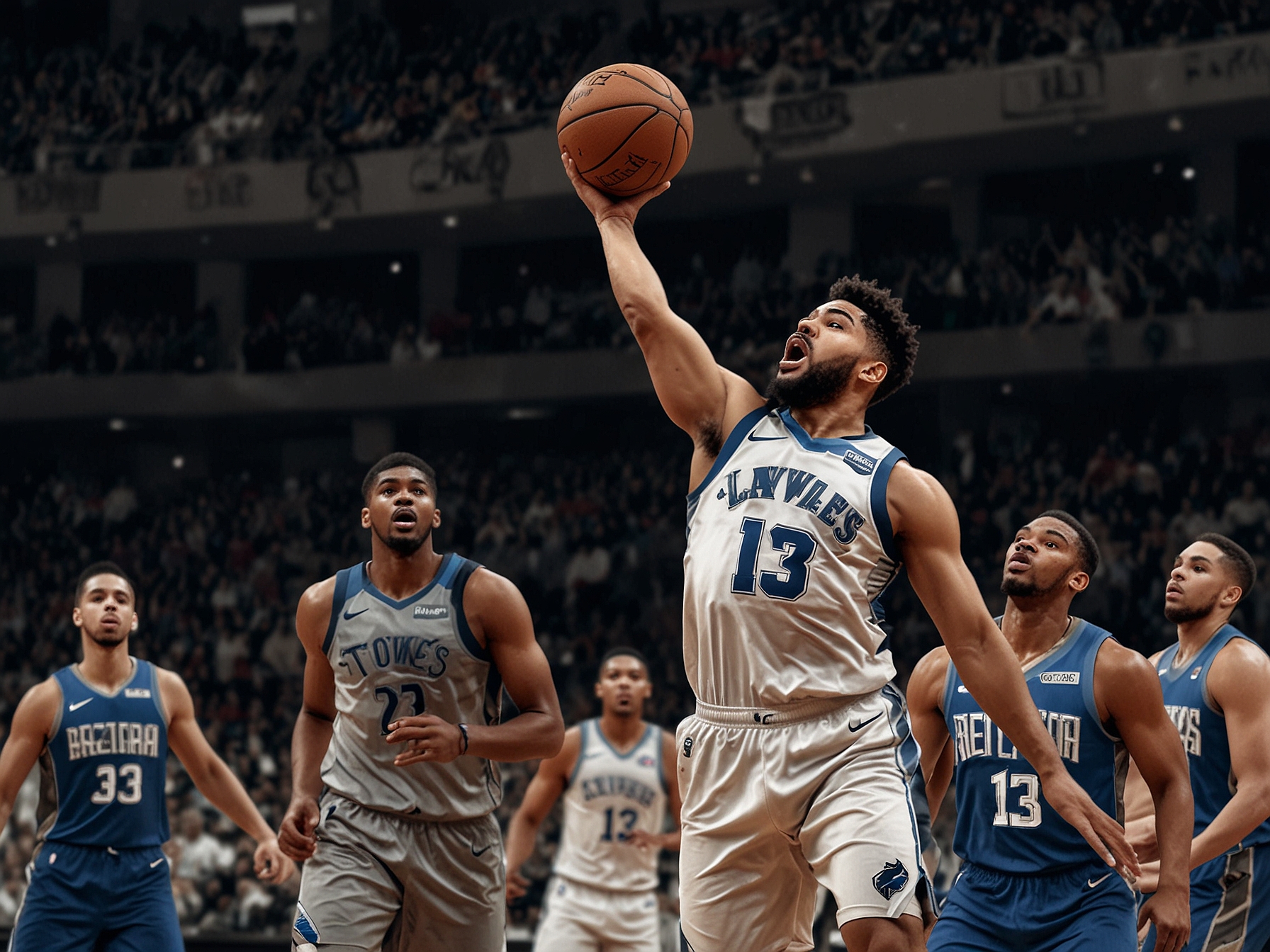 An intense moment from the game, featuring Karl-Anthony Towns scoring a critical layup, surrounded by defenders in action, with the crowd cheering in the background.