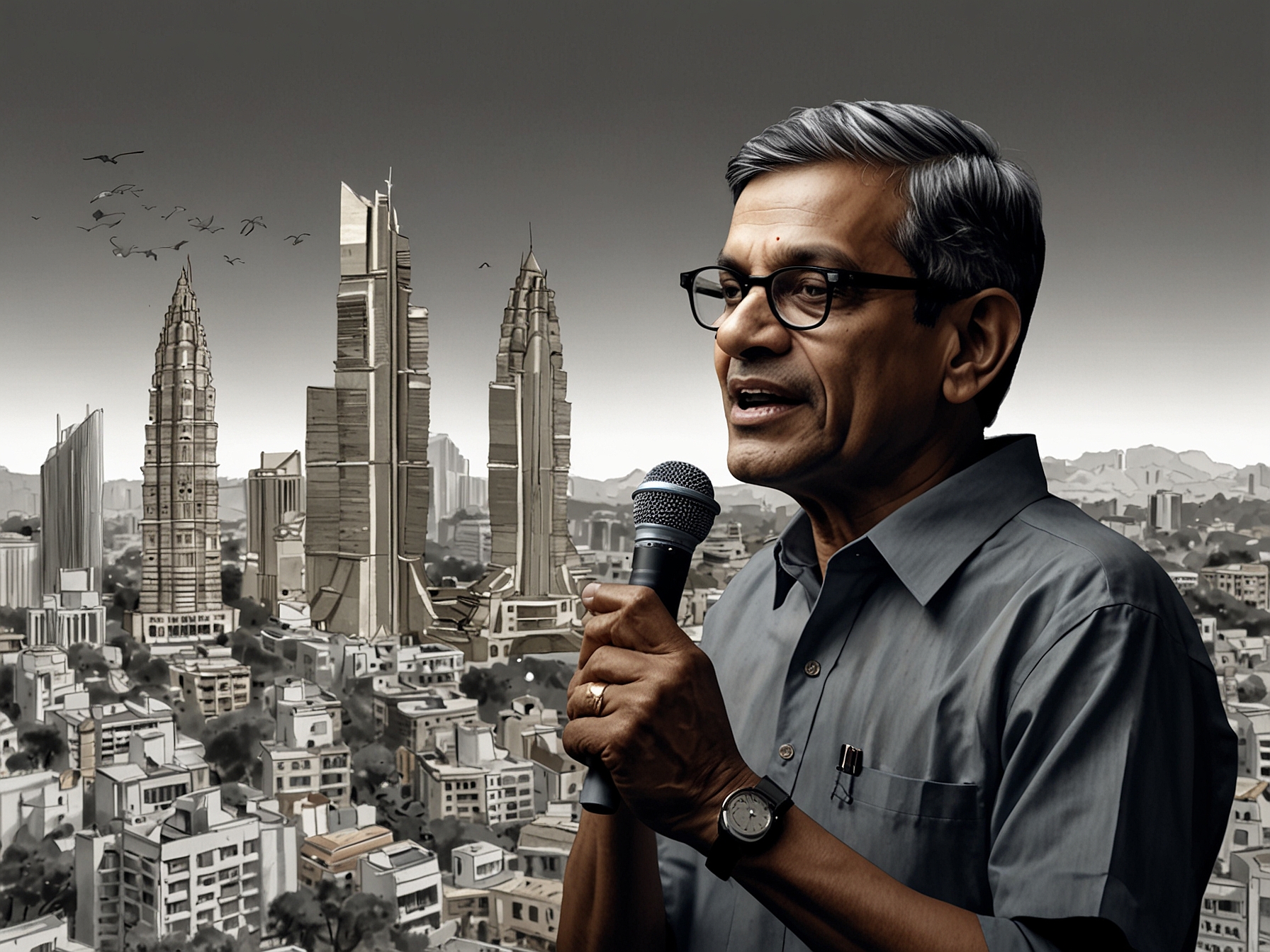 A collage featuring S.M. Krishna giving a political speech, Bengaluru's skyline symbolizing the IT boom, and images of rural development, representing his impact across sectors.