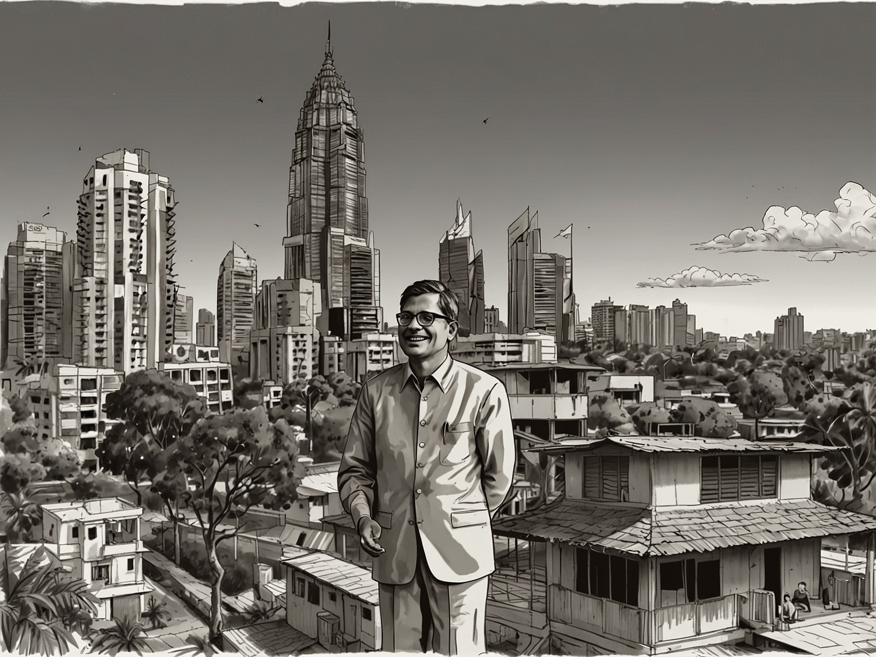 A portrait of S.M. Krishna against a backdrop of iconic Bengaluru landmarks, illustrating his connection to the city's growth and development as a tech hub.