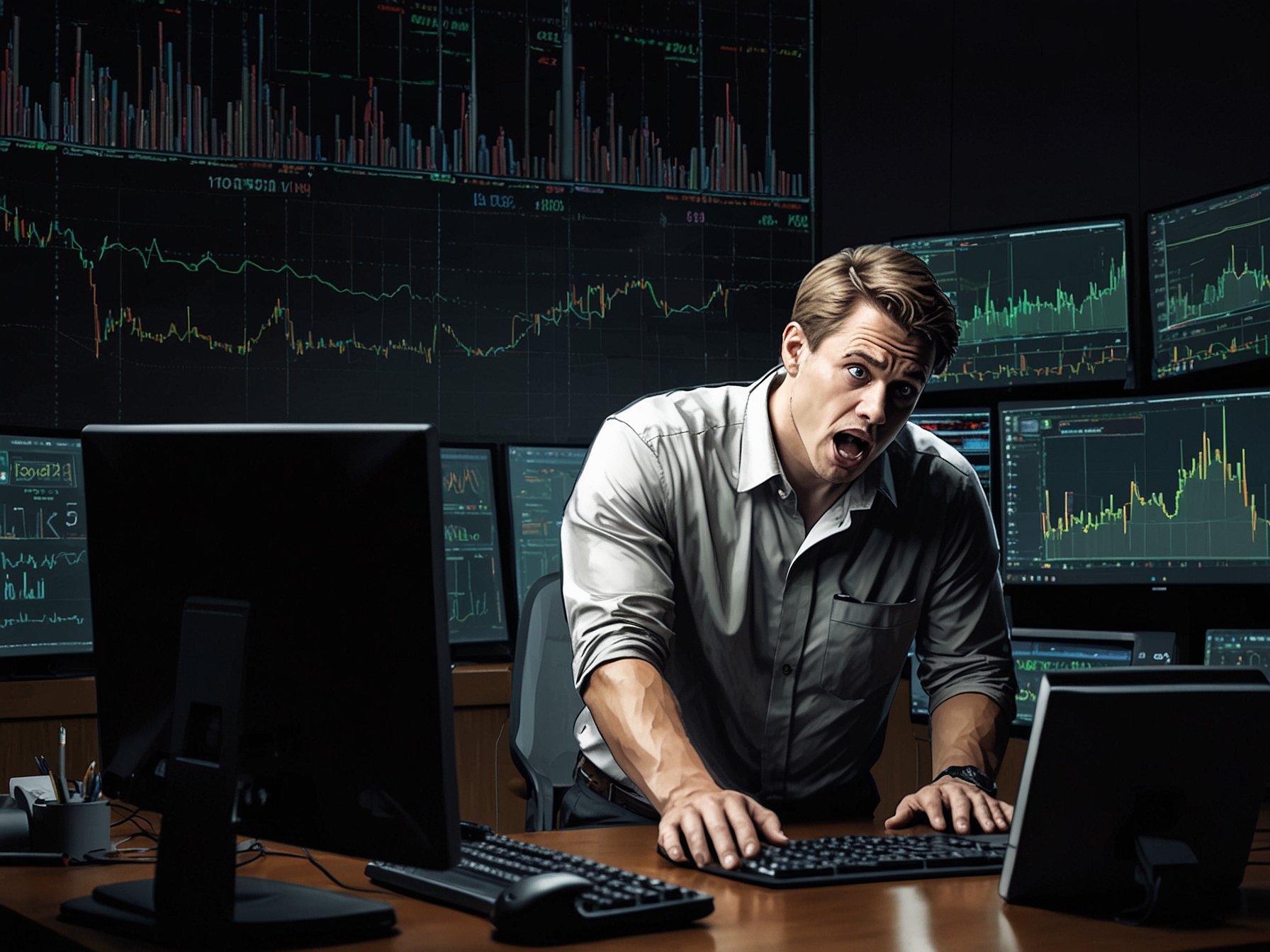 An image depicting a trader looking shocked at a computer screen displaying plummeting cryptocurrency prices, symbolizing the turmoil in the crypto market.