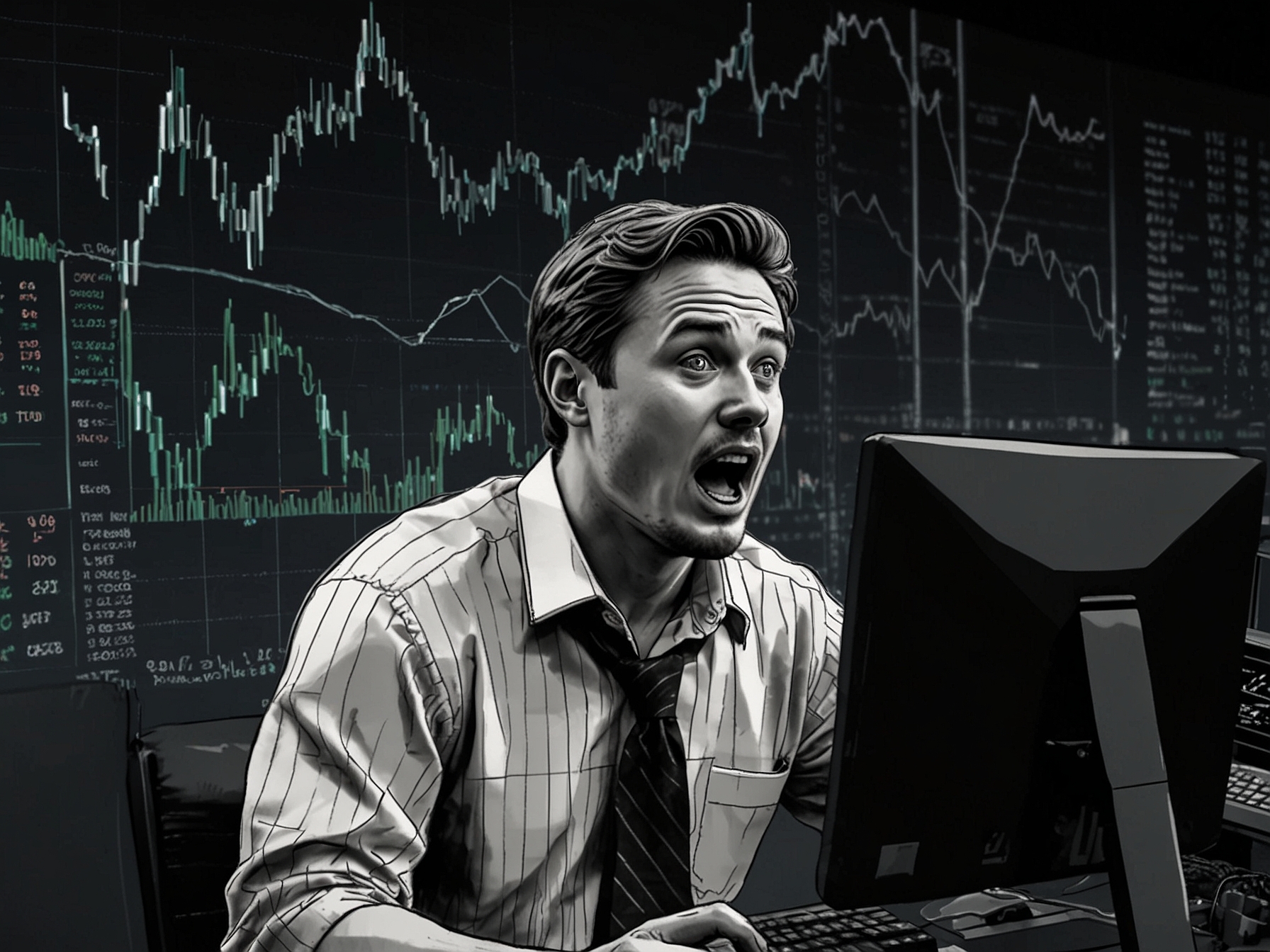 A chaotic trading floor with screens showcasing red market trends, illustrating the significant liquidations and losses in the cryptocurrency sector.