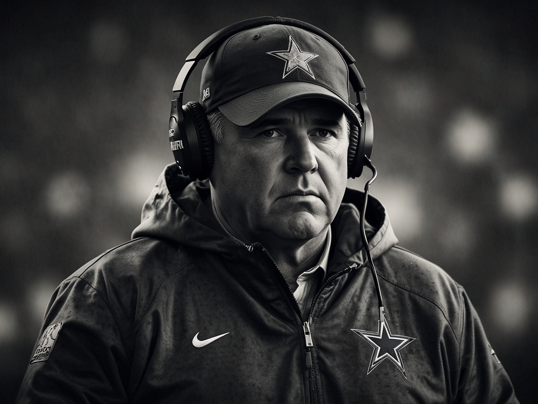 An intense shot of Mike McCarthy on the sidelines, deep in thought during a Cowboys game, showcasing the pressure he faces as head coach amid uncertainty about his future.