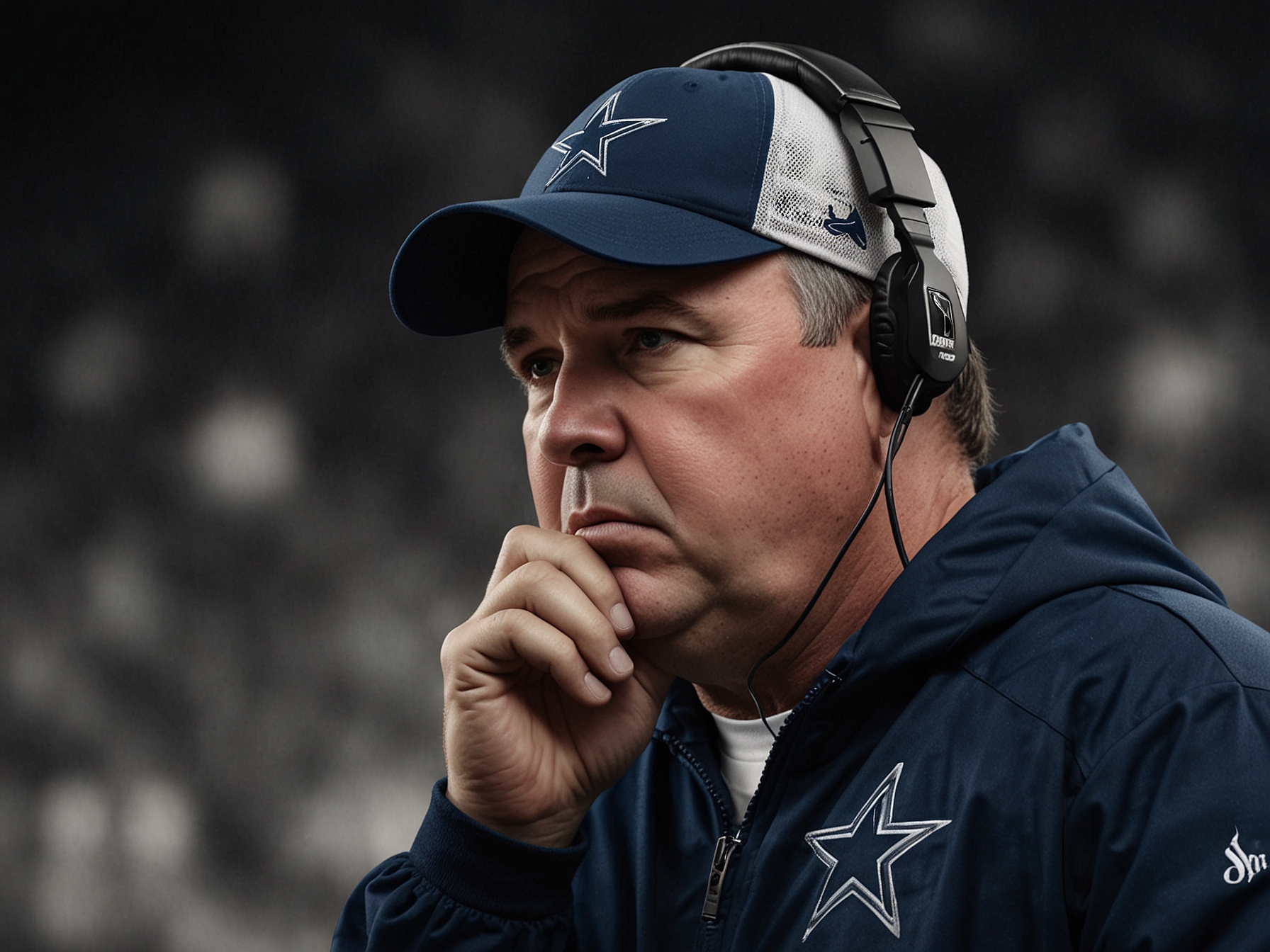 Troy Aikman speaking confidently on a sports talk show, with images of the Cowboys in the background, emphasizing his belief in McCarthy's leadership skills.